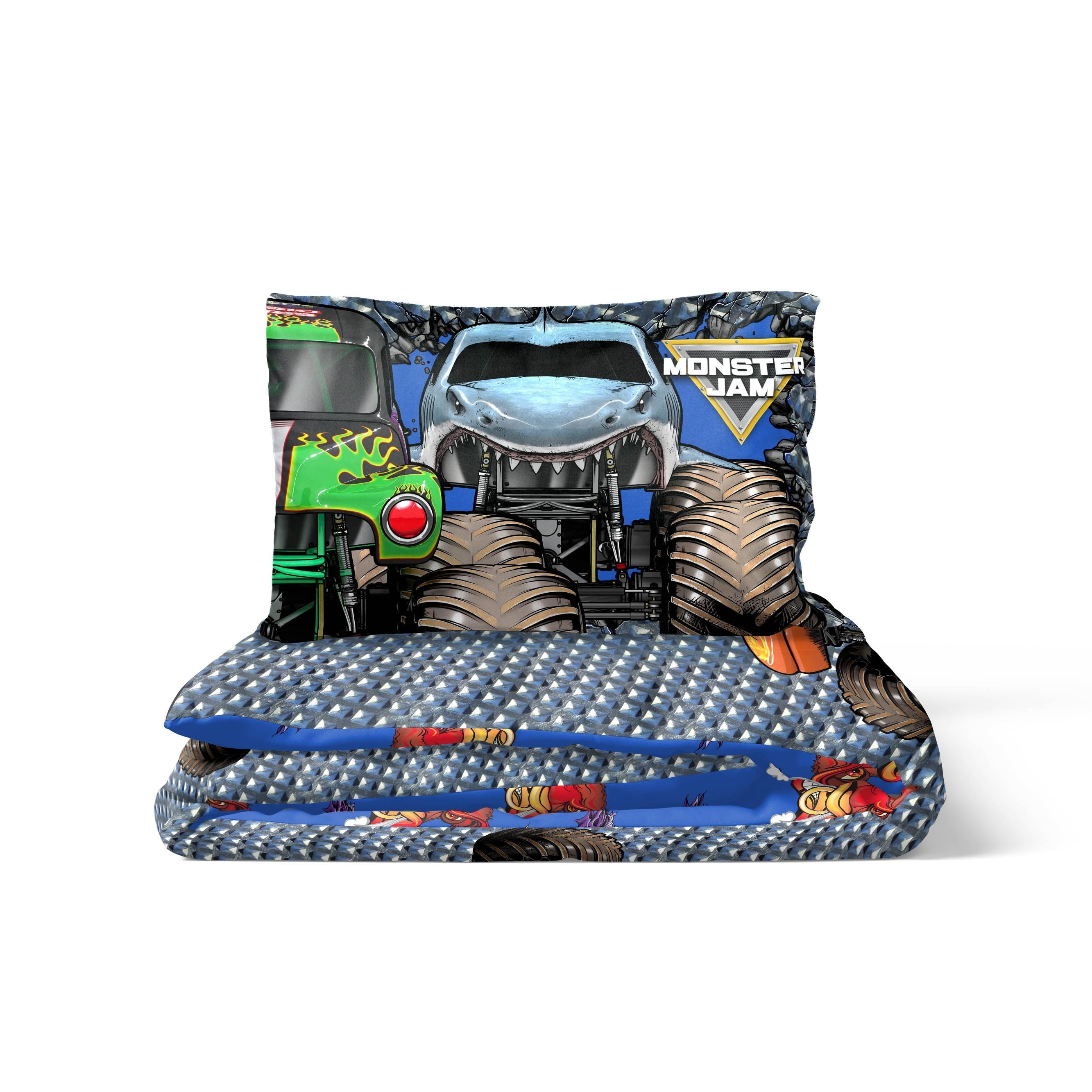 Luxurious Quilted Monster Jam Smash & Mash Kids Multicolor 2 Piece Reversible Comforter and Pillowcase Bedding Set, Twin/Full - Luxurious Quilted Duvet Cover Set Detail