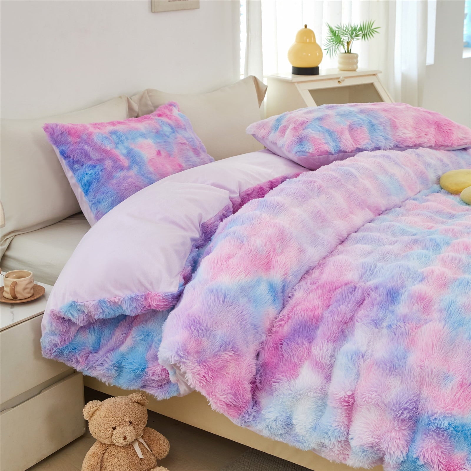 Heavyweight Warmth Faux Rabbit Fur Comforter Set Twin 3Pcs Girls Blue Purple Bedding Set Tie-Dyeing Soft Bed Comforter Set Warm Fuzzy Ki... - All-Season Down Alternative Comforter Insert Detail