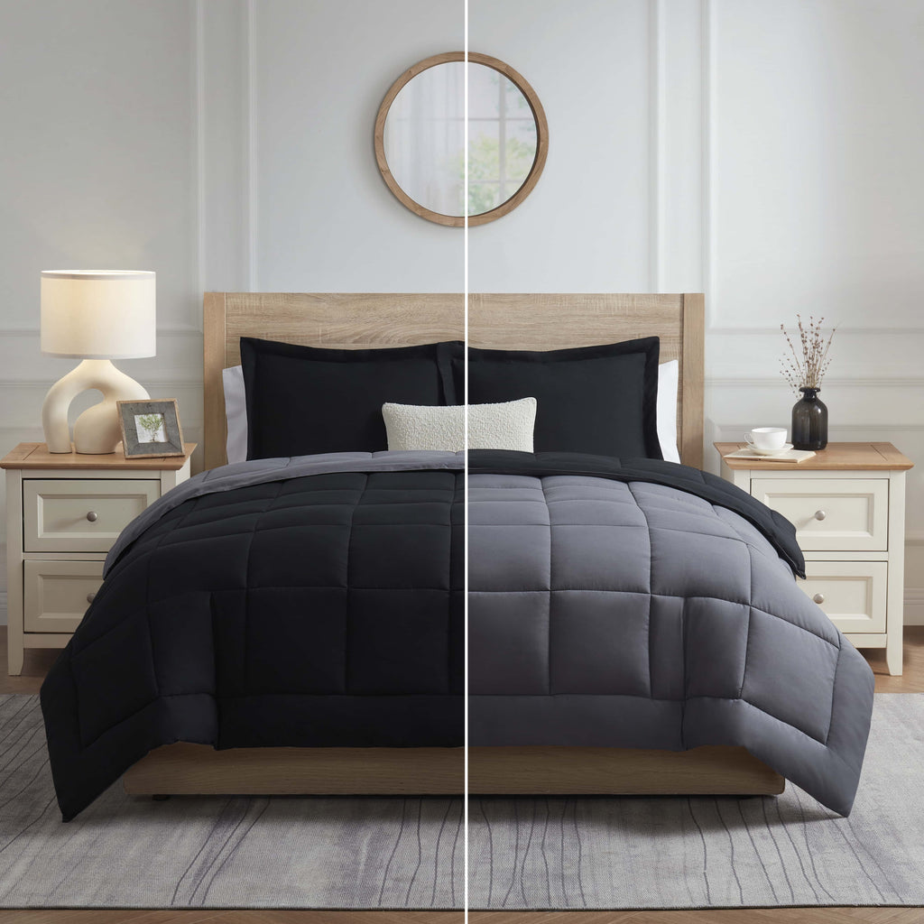 Fluffy Down Alternative Queen Comforter Set, 3 Piece Bed in a Bag, Reversible Down Alternative Bedding Set, Black & Gray - All-Season Down Alternative Comforter Insert Detail