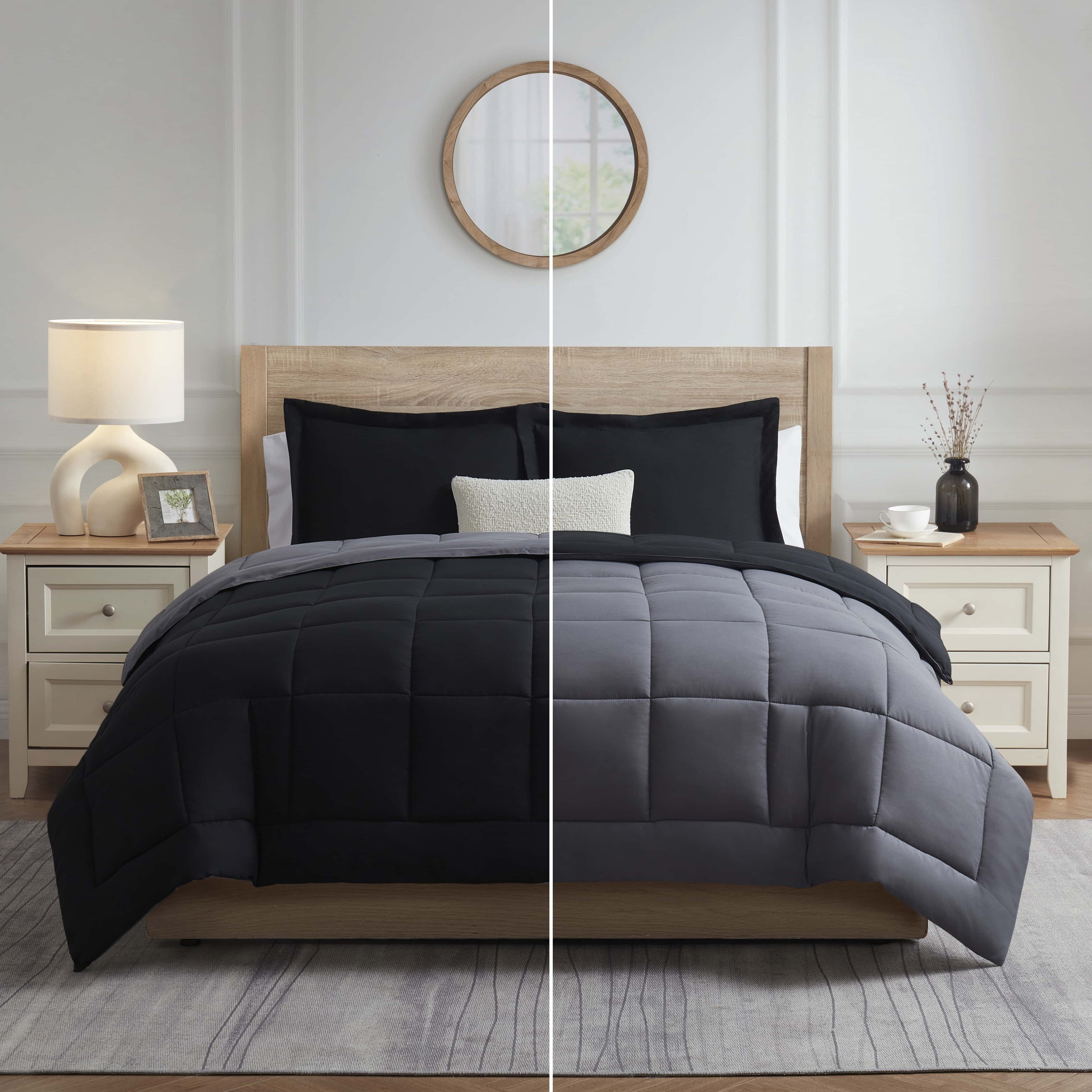 Fluffy Down Alternative Queen Comforter Set, 3 Piece Bed in a Bag, Reversible Down Alternative Bedding Set, Black & Gray - All-Season Down Alternative Comforter Insert Detail