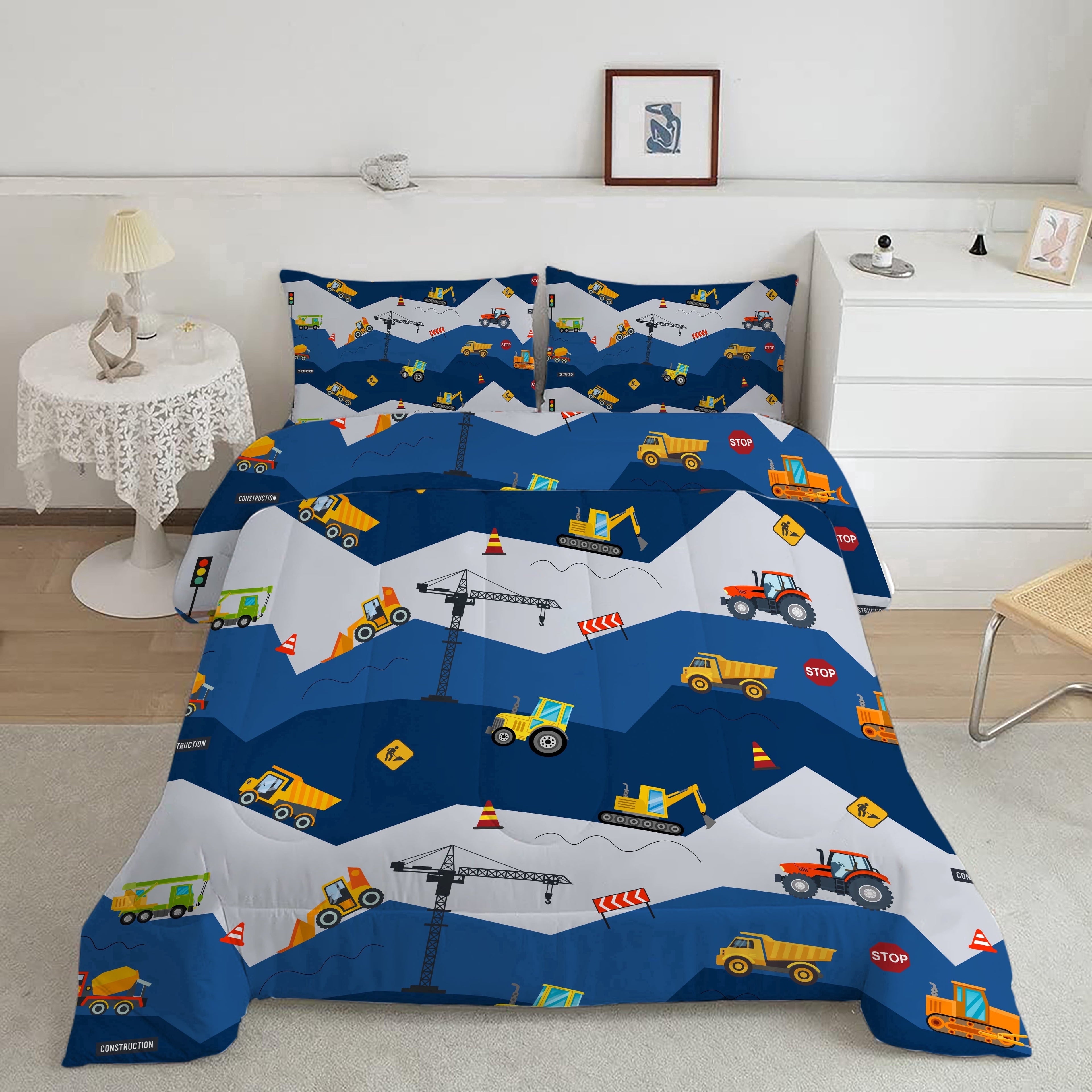 Heavyweight Warmth Car Comforter Set Construction Bedding Set for Boys Kids Trucks Comforter Cartoon Car Excavator Tractor Blue 3Pcs Twin - All-Season Down Alternative Comforter Insert Detail