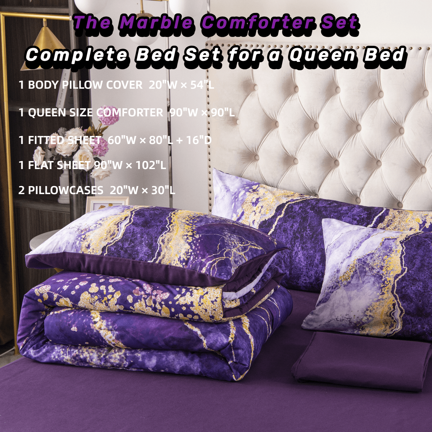 Luxurious Quilted 6 Pieces Queen Size Comforter Set Purple,Watercolor Marble Colorful Purple Bedding,Ultra Soft Purple Bed Set with Com... - Hypoallergenic Ultra-Fluffy Quilt for Winter Detail
