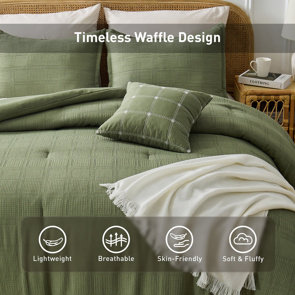 Hypoallergenic Cloud Waffle Weave Comforter Set with Throw Blanket for Couch, 5-Piece King/Cal King Size Lightweight Comforter Bet Set for... - Hypoallergenic Ultra-Fluffy Quilt for Winter Detail