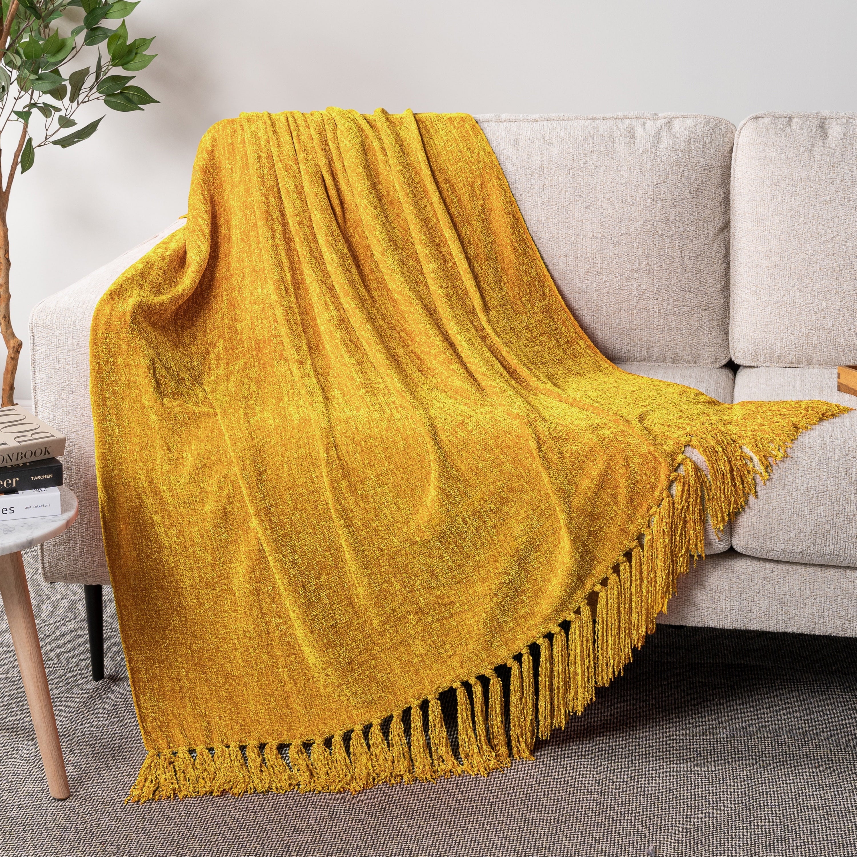 Decorative Knitted Mustard Yellow Chenille Throw Blanket for Couch, Soft Gold Knit Blanket with Tassel Fringe, Woven Chenille Knitted De... - Lightweight Plush Warm Blanket for All Seasons Detail