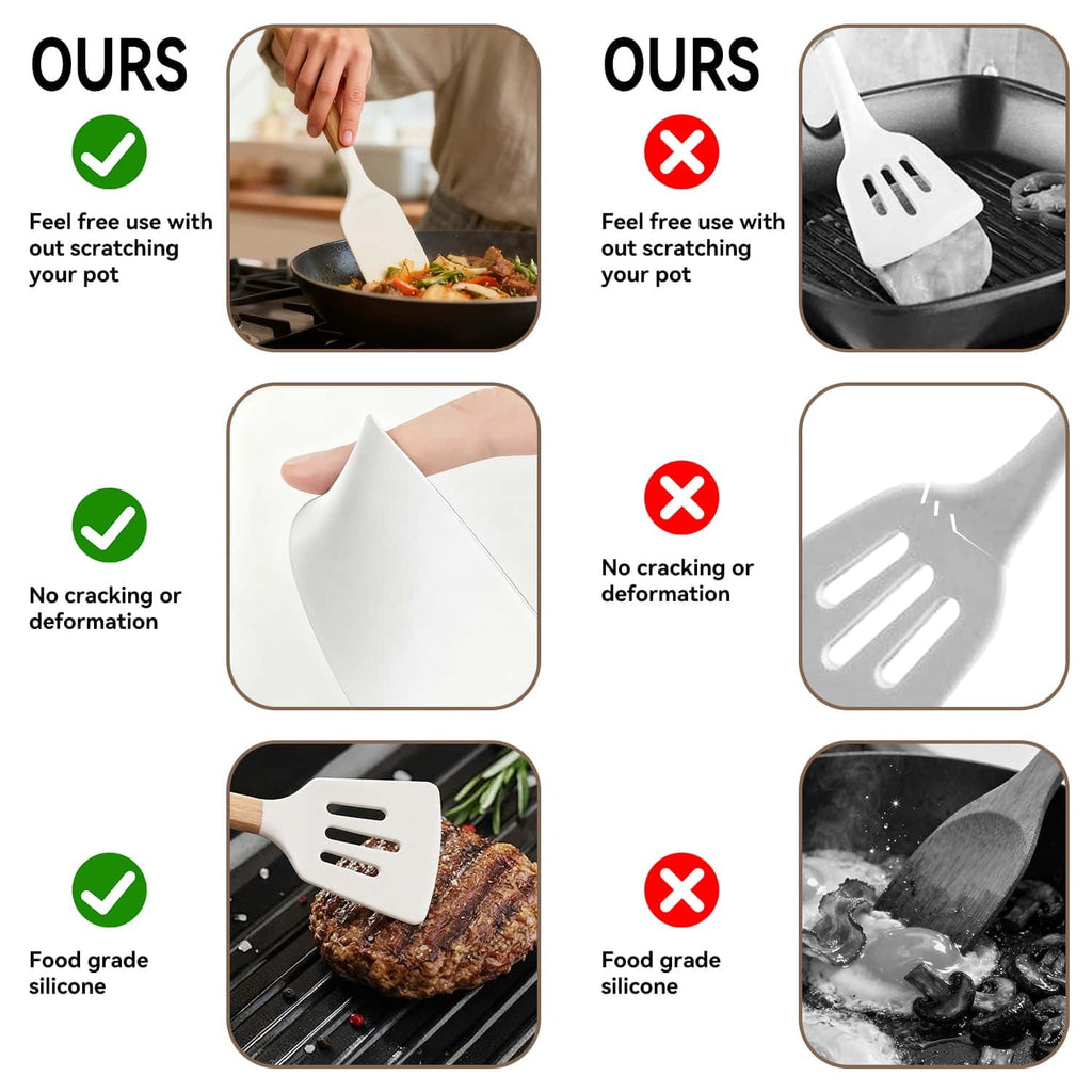 Premium Silicone Kitchen Utensils Set for Cooking, 11 Cooking Utensils, 6 Knife set Beige,3 Utensil Sets,utensilios de cocina - Heat-Resistant Silicone Cooking Spatula Turner Detail