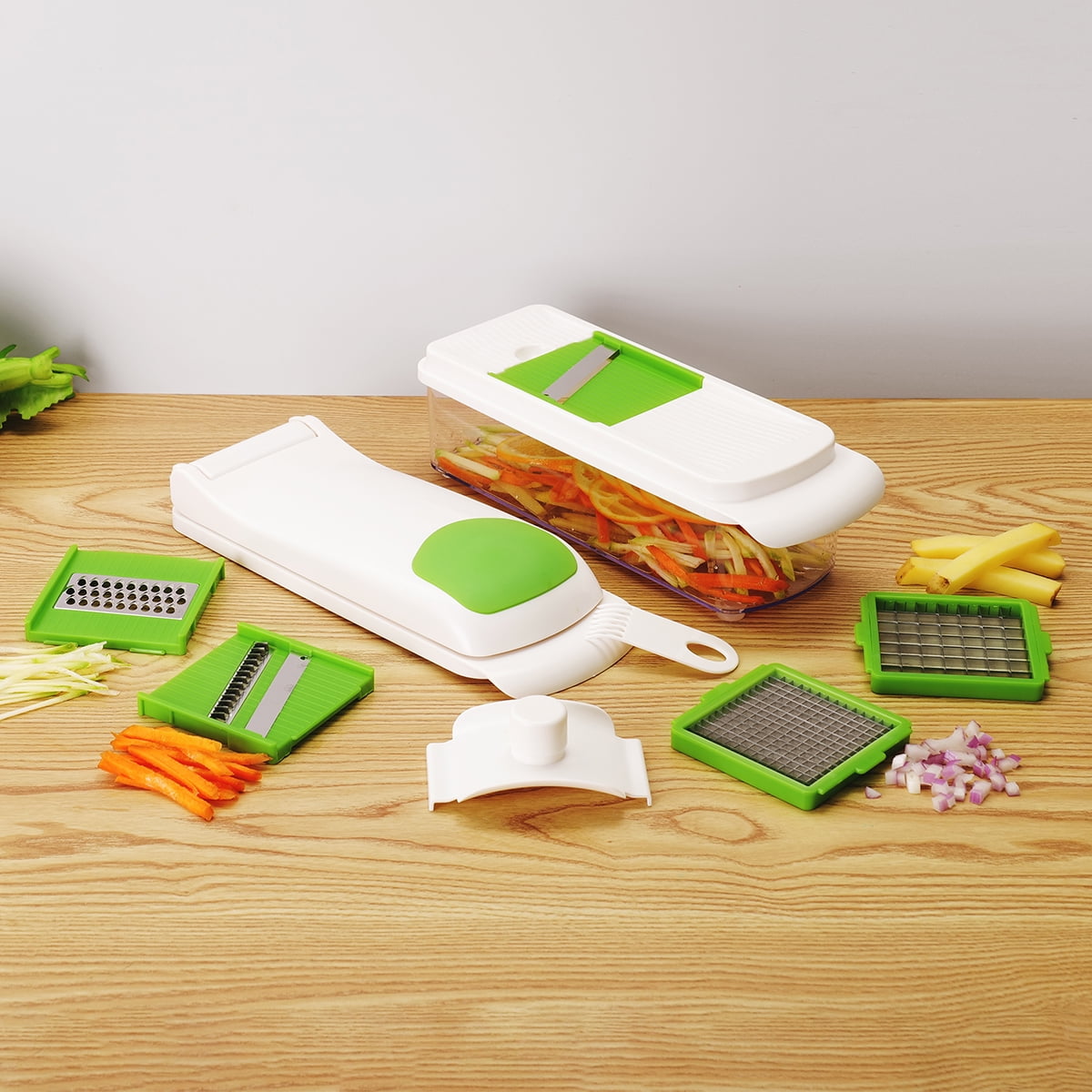 Multi-Functional 11 Pieces Multi-Function Nice Dicer and Mandoline, Stainless Steel, Green Glaze, 820g - Premium Stainless Steel Garlic Presser & Peeler Detail
