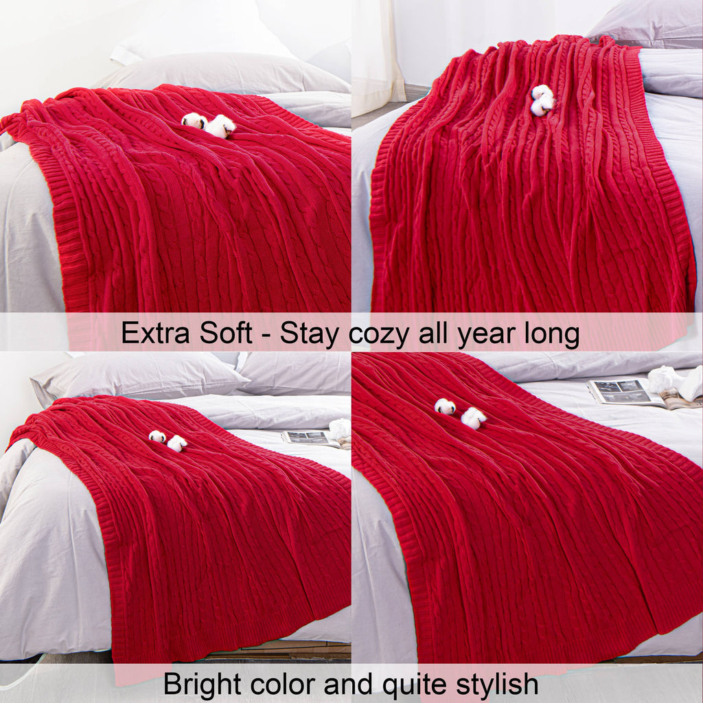 Lightweight Warm 100% Cotton Cable Knit Throw, Super Soft Warm Knitted Blanket Home Decor, 51"x67", Red - Lightweight Plush Warm Blanket for All Seasons Detail