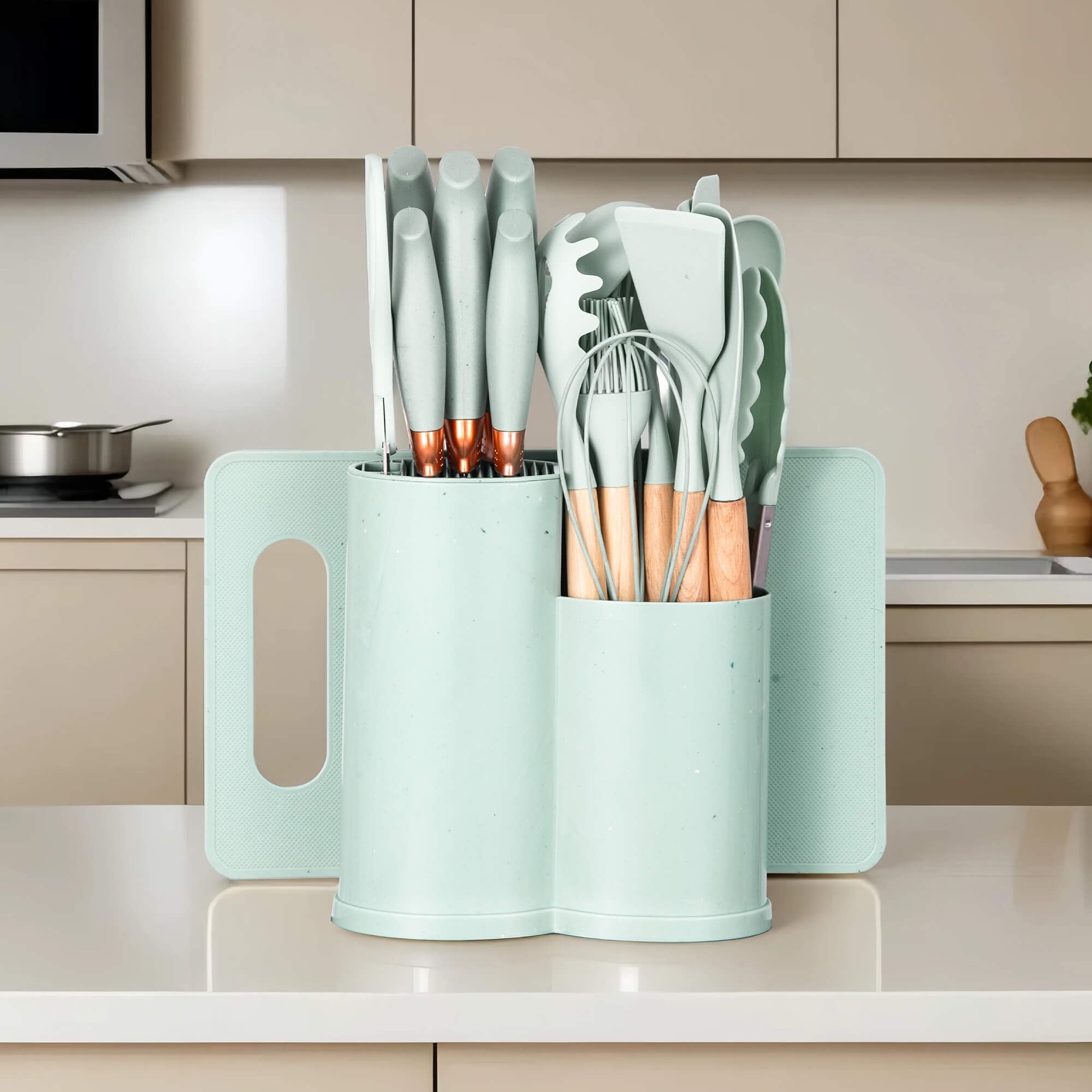 Seamless One-Piece 19pcs Silicone Kitchen Utensil Set, Heat-Resistant Non-Stick Easy Cooking Cleaning Home Light-Green - Ergonomic Kitchen Tongs and Cooking Spoon Utensil Detail