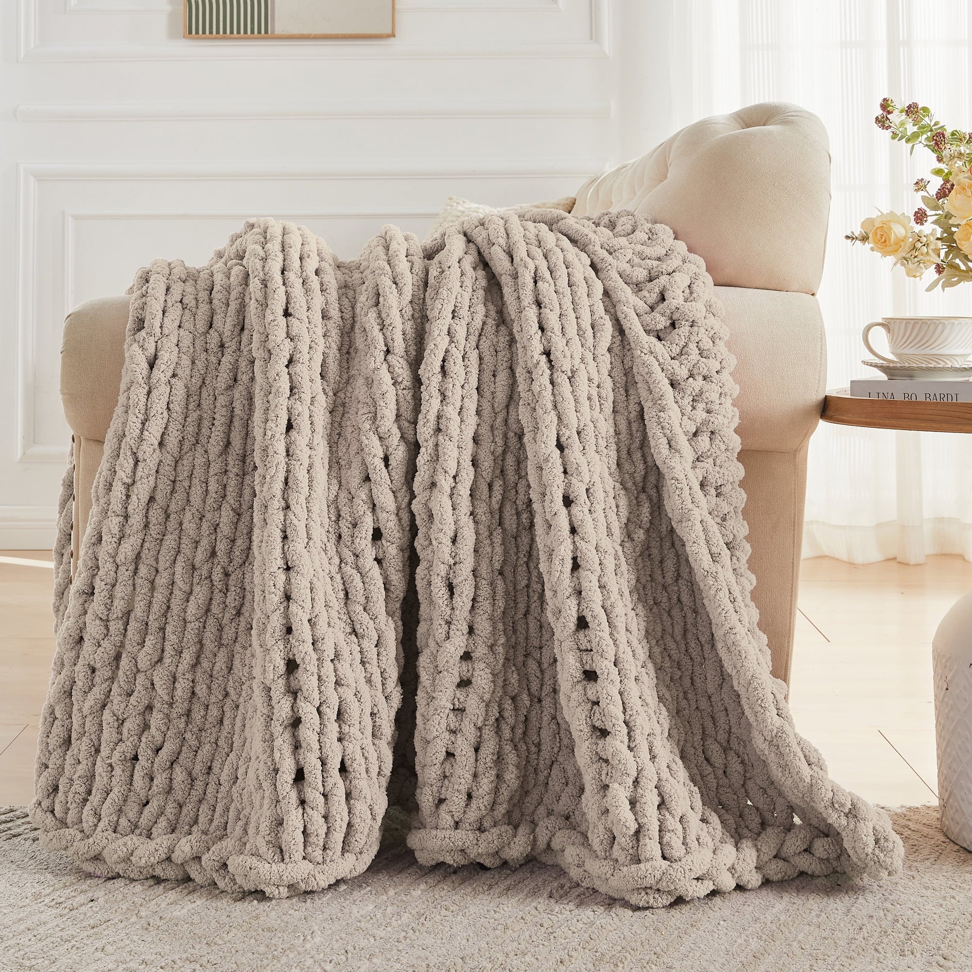 Cozy Fleece Chunky Knit Throw Blanket Handmade Soft Throws for Couch Sofa Bed, 50" x 60" Taupe - Cozy Fleece Throw Blanket for Couch & Bed Detail