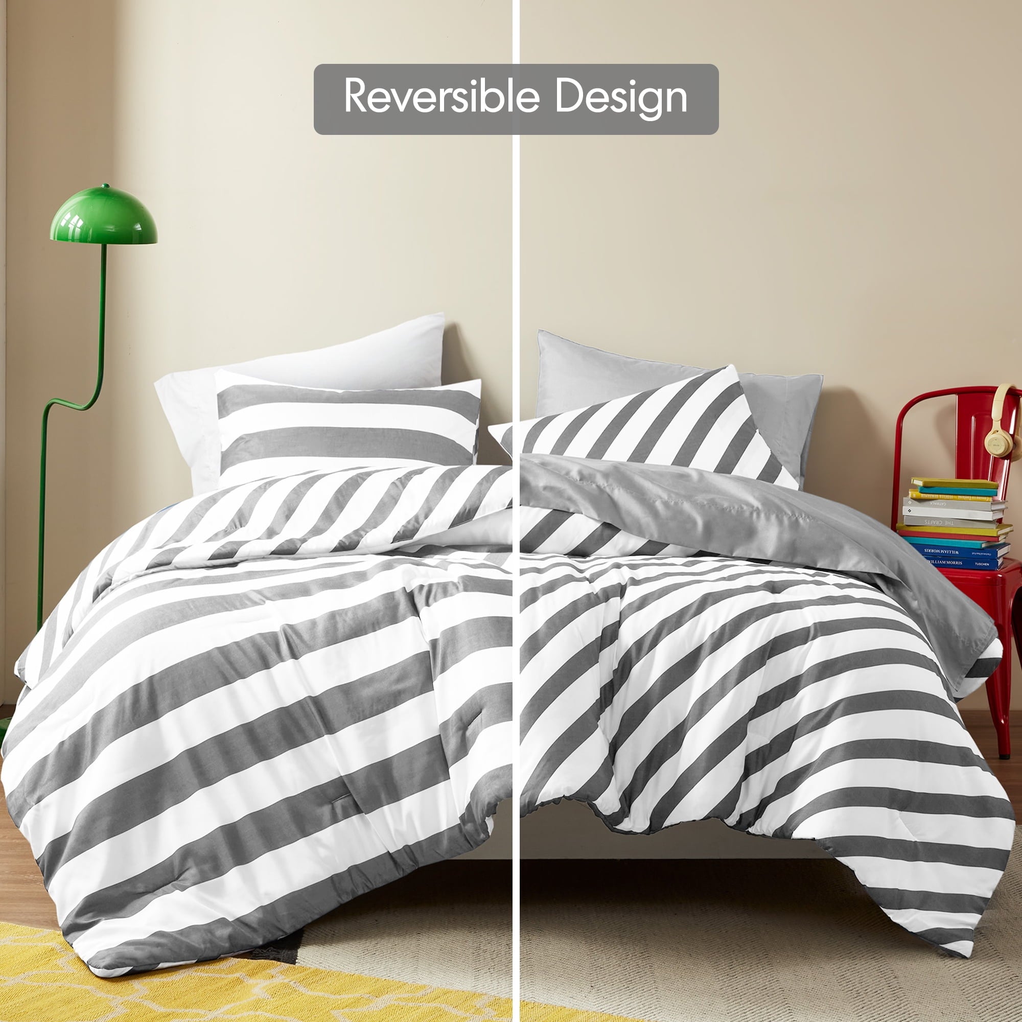 Heavyweight Warmth Full/Queen Size Comforter Sets, 3-Piece Bedding Set Full/Queen, Reversible Striped Comforter Bed Set, Charcoal - Cloud-Like Soft Lightweight Bed Comforter Detail