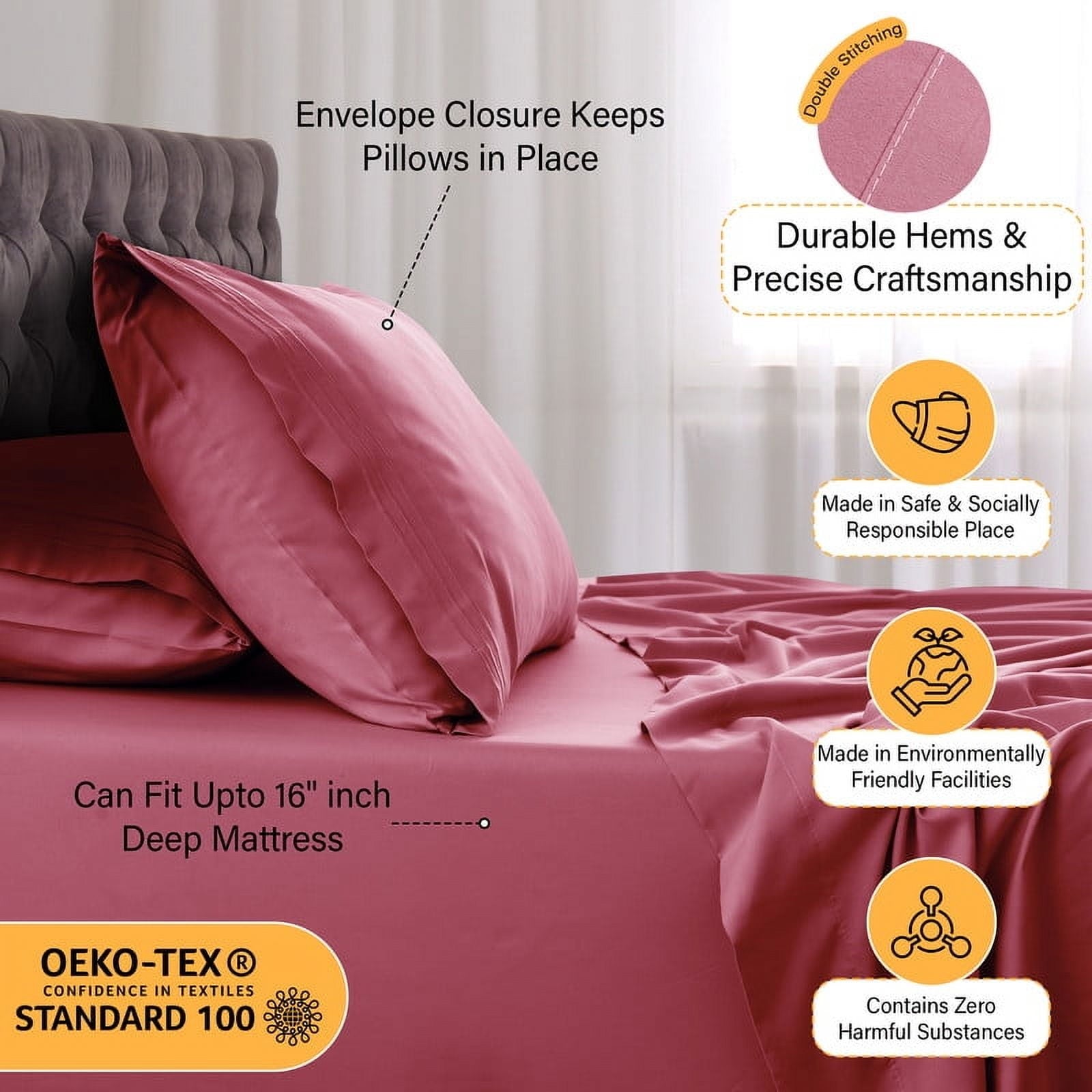 Ultra-Soft Size Sheet Set, 4-Piece Plain Soft Microfiber – Deep Pocket Bed Sheets, Includes 1 Fitted Sheet, 1 Flat Sheet, 2 Pill... - Premium Ultra-Soft Pillowcase Pair for Sleeping Detail