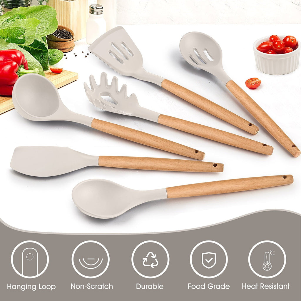 Non-Stick Safe Kitchen Utensils Set of 6, Silicone Cooking Utensils with Wooden Handle, Non-Stick Cookware & Heat Resistant, Include... - Ergonomic Kitchen Tongs and Cooking Spoon Utensil Detail