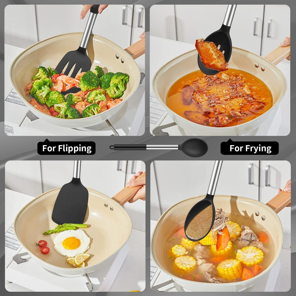 Ergonomic Cooking Silicone Cooking Spatulas and Spoons, 4 Pack Heat Resistant Silicone Cooking Utensils Set, Non-stick Large Ki... - Ergonomic Kitchen Tongs and Cooking Spoon Utensil Detail