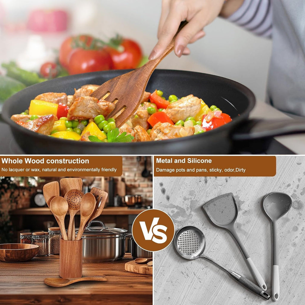 Premium Silicone Wooden Spoons for Cooking, 8 Pcs Natural Teak Wooden Utensils Set, Non-Stick & Heat Resistant Durable Wood ... - Premium Stainless Steel Cooking Utensil for Non-Stick Pots Detail