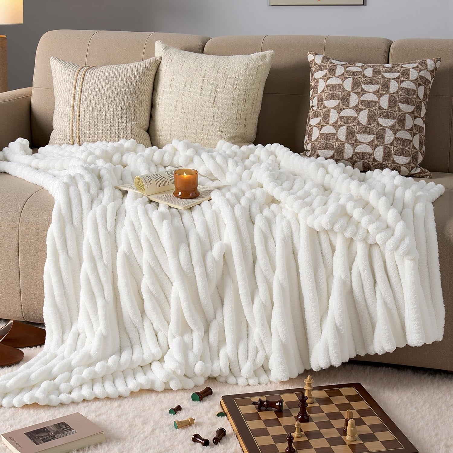 Decorative Knitted Throw Blanket for Couch,Bed,Sofa,White Flannel Blanket,Soft Throw Blanket ,Gifts for Women Mom Girls,Throw Home Room ... - Luxury Knitted Decorative Throw Blanket with Fringes Detail