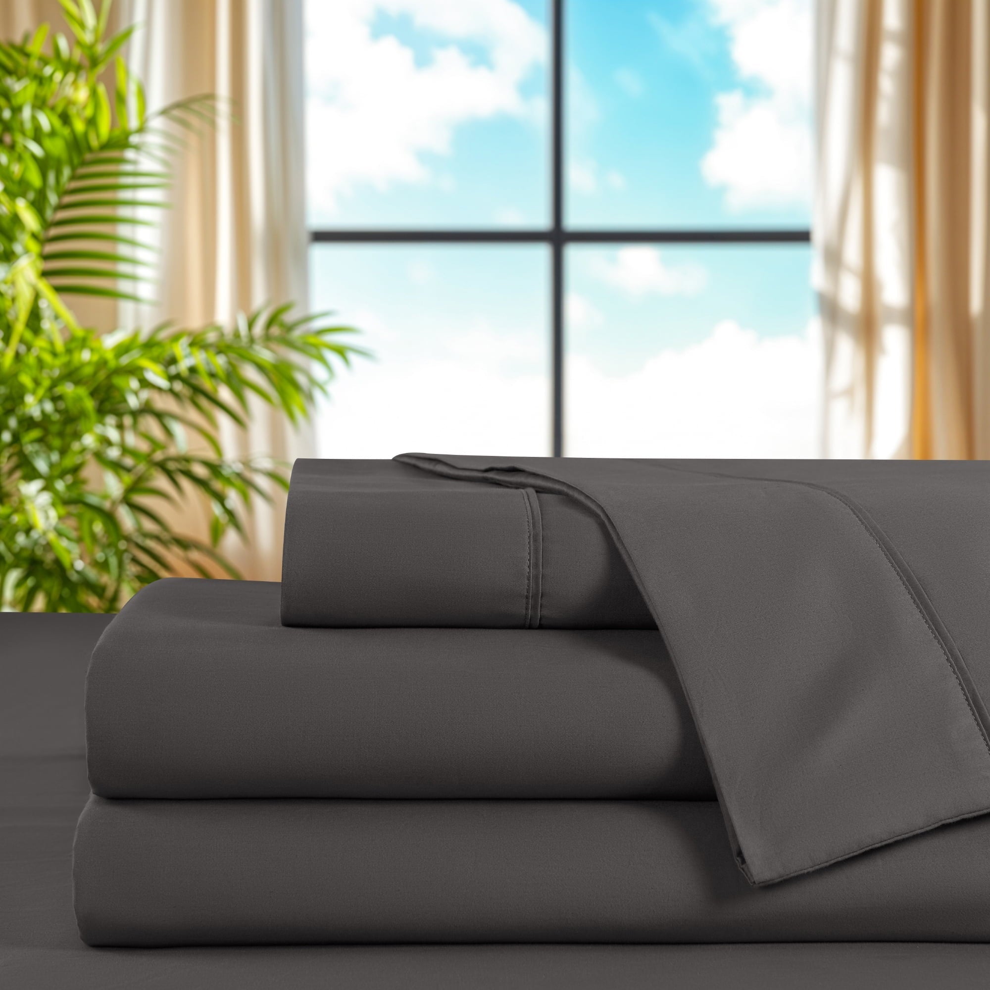 Ultra-Soft 100% Cotton Bed Sheets Set, 1000 Thread Count 4 Piece Luxury Soft Sheets Set with 16" Deep Pocket, Queen, Dark Gray - Breathable Egyptian Cotton Flat & Fitted Sheets Detail