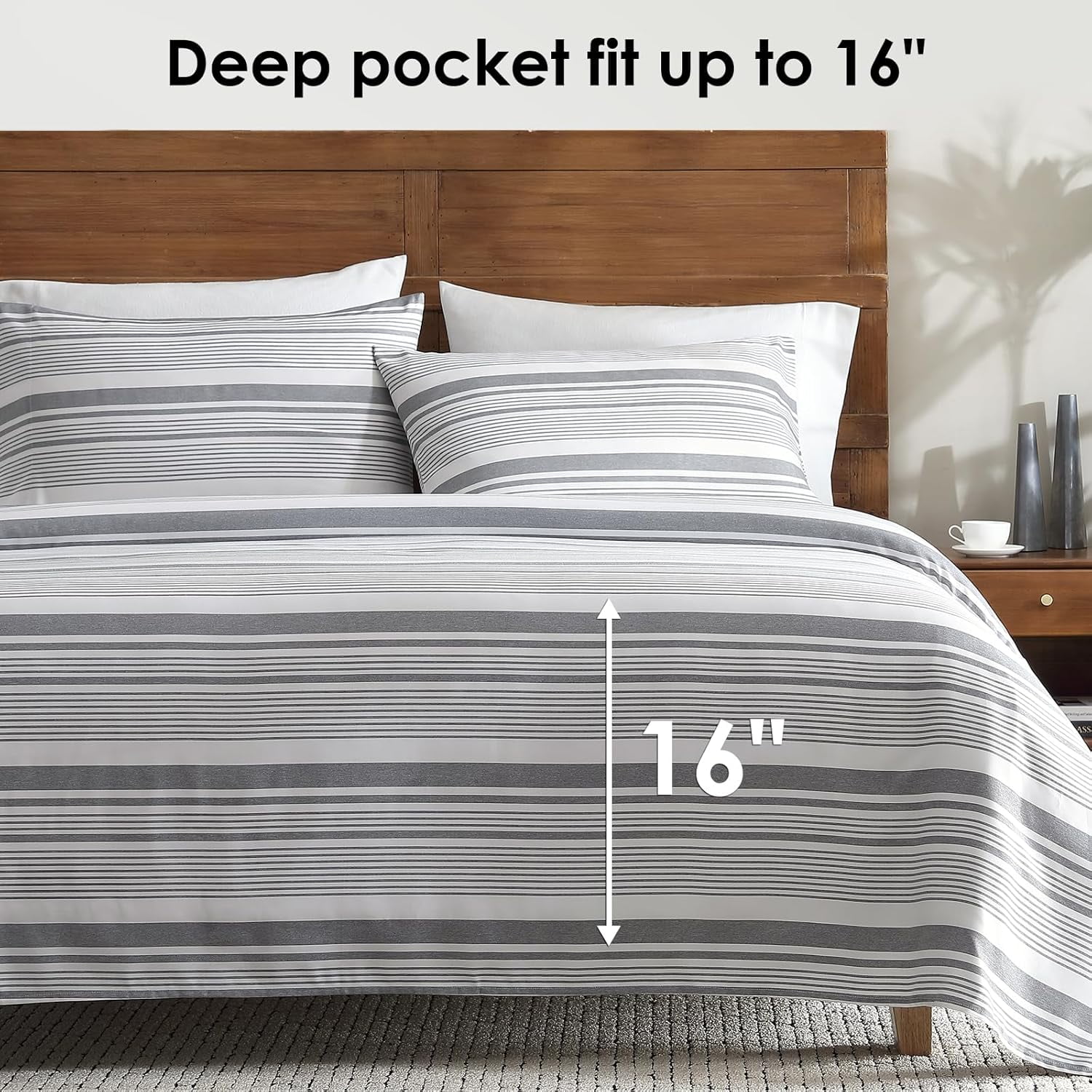 Cooling Sateen Home 3-Piece Twin Microfiber Classic Stripe Bed Sheet Set, Super Soft, Breathable Stripe Bedding with 16 inches Deep ... - Breathable Egyptian Cotton Flat & Fitted Sheets Detail