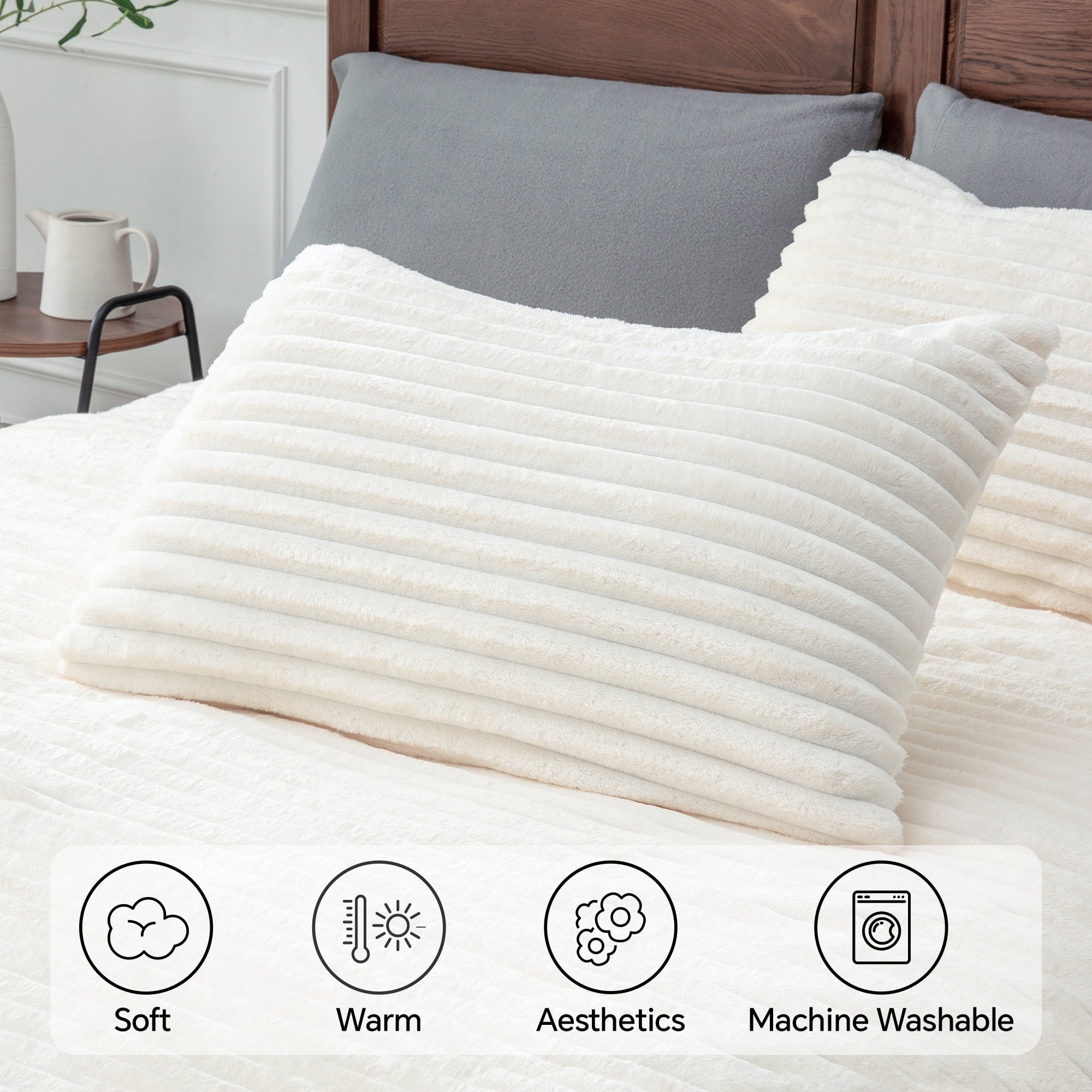 Heavyweight Warmth Fleece Queen Comforter Set -Super Soft & Warm Fluffy White Bedding, Luxury Fuzzy Heavy Bed Set for Winter with 2 Pill... - All-Season Down Alternative Comforter Insert Detail