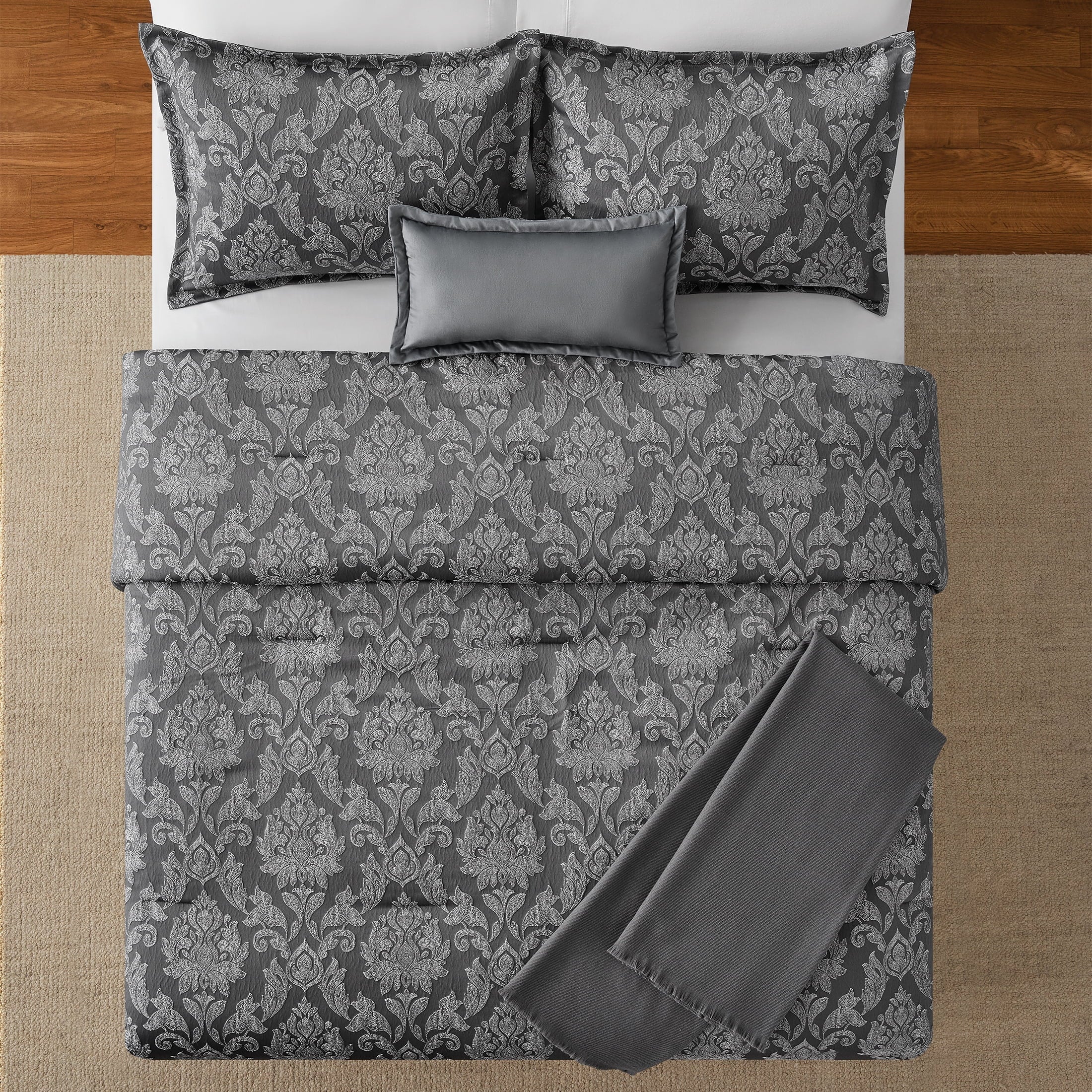 Heavyweight Warmth Full/Queen Comforter Set, All-Season, 5-Piece, Grey Jacquard Damask - Luxurious Quilted Duvet Cover Set Detail
