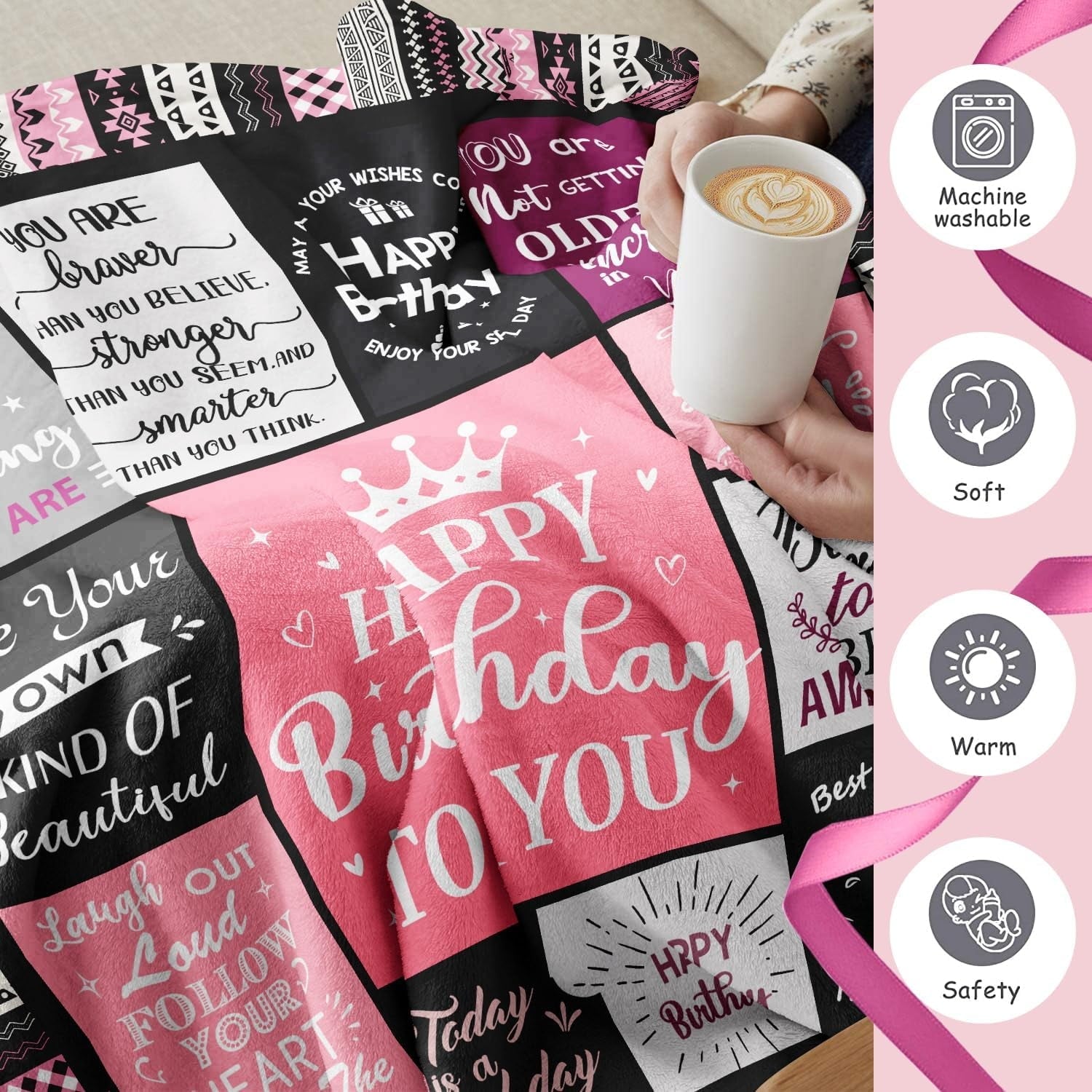 Reversible Sherpa Birthday Gifts for Women Girls Throw Blanket, Happy Birthday Decorations for Women, Gifts for Women Birthday Unique, ... - Cozy Fleece Throw Blanket for Couch & Bed Detail
