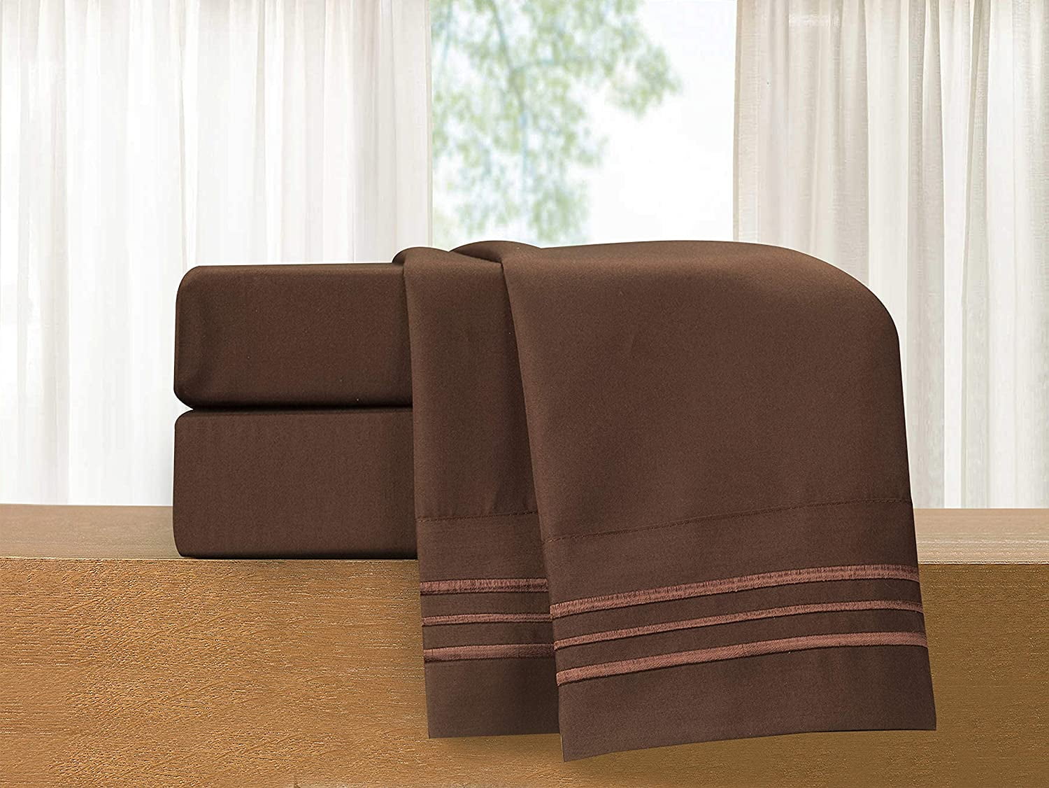 Premium Egyptian Cotton 1500 Series Microfiber Bed Sheets 4-Piece Set, Deep Pocket, Twin/Twin XL Chocolate Brown - Luxury Bed Sheet Set with Deep Pockets Detail