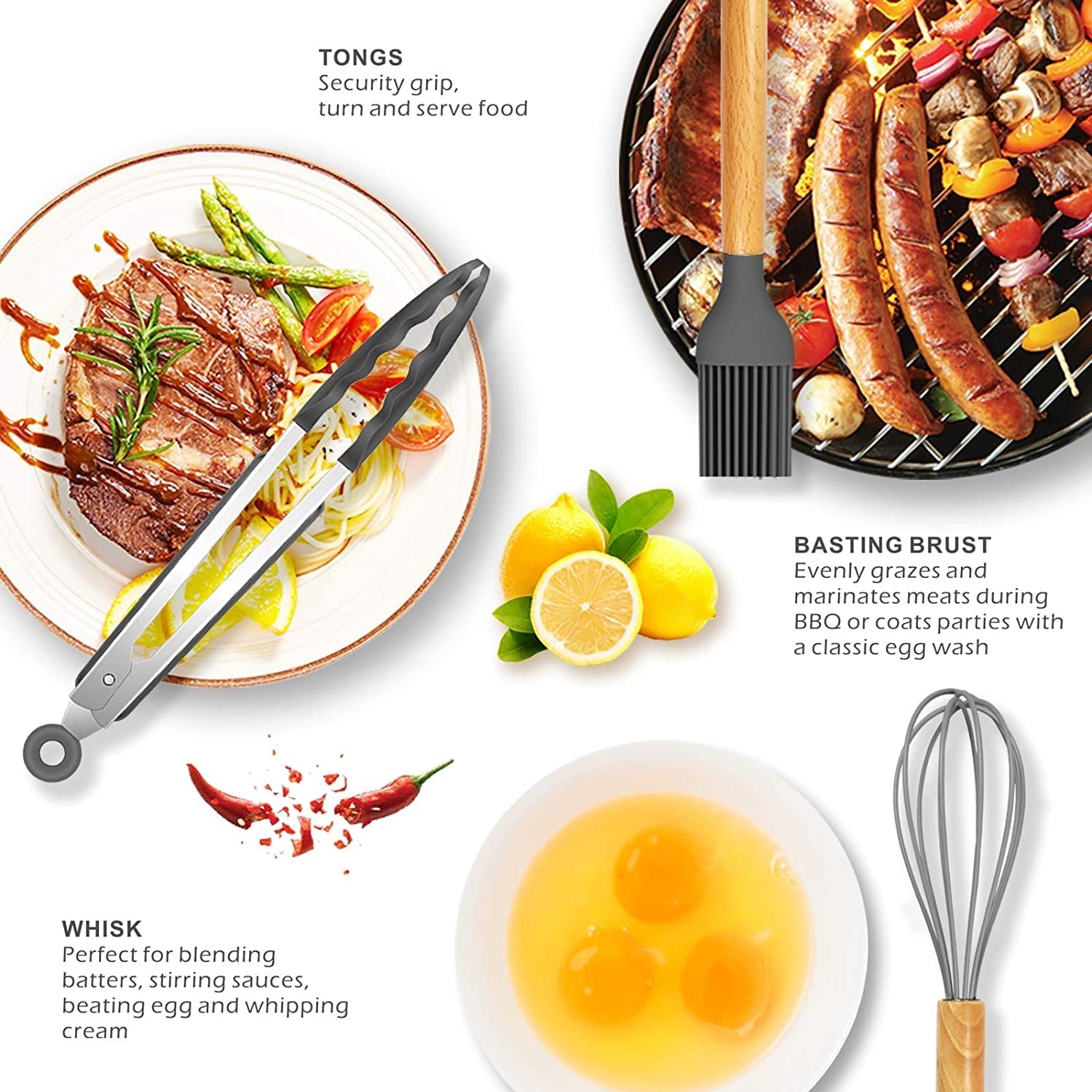 Seamless One-Piece Silicone Cooking Utensils Set - 446°F Heat Resistant Silicone Kitchen Utensils for Cooking,Kitchen Utensil Spatula Se... - Ergonomic Kitchen Tongs and Cooking Spoon Utensil Detail