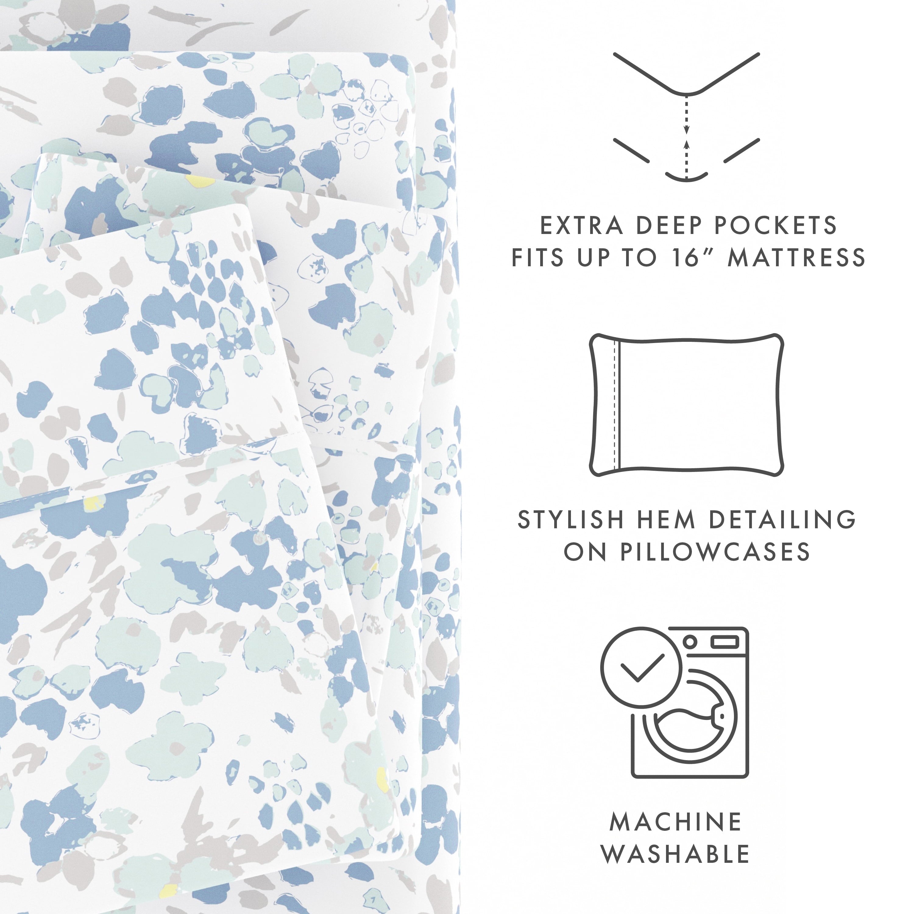 Cooling Sateen 4 Piece Pattern Microfiber Bed Sheets Set, Light Blue Violets, Full - Cooling Hotel Quality Bedding Sheets and Pillowcases Detail