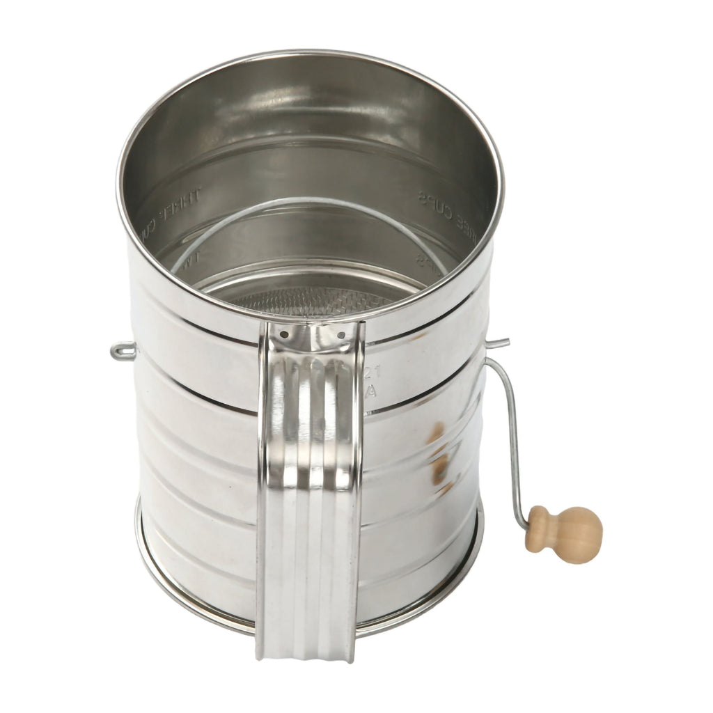 Time-Saving Stainless Steel 3 Cup Flour Hand-Crank Sifter with Beechwood Handle Silver - Innovative Kitchen Helper for Modern Cooking Detail