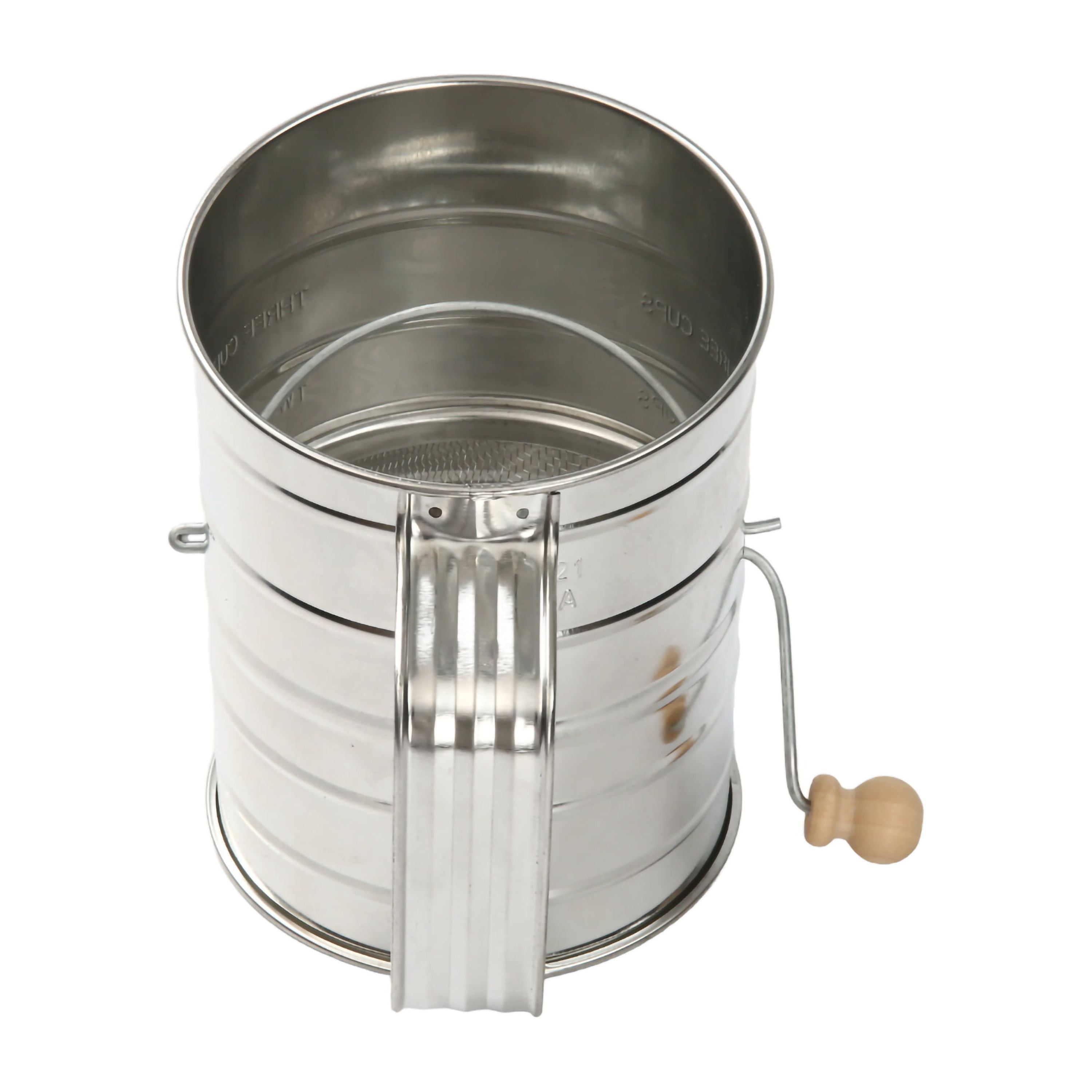 Time-Saving Stainless Steel 3 Cup Flour Hand-Crank Sifter with Beechwood Handle Silver - Innovative Kitchen Helper for Modern Cooking Detail
