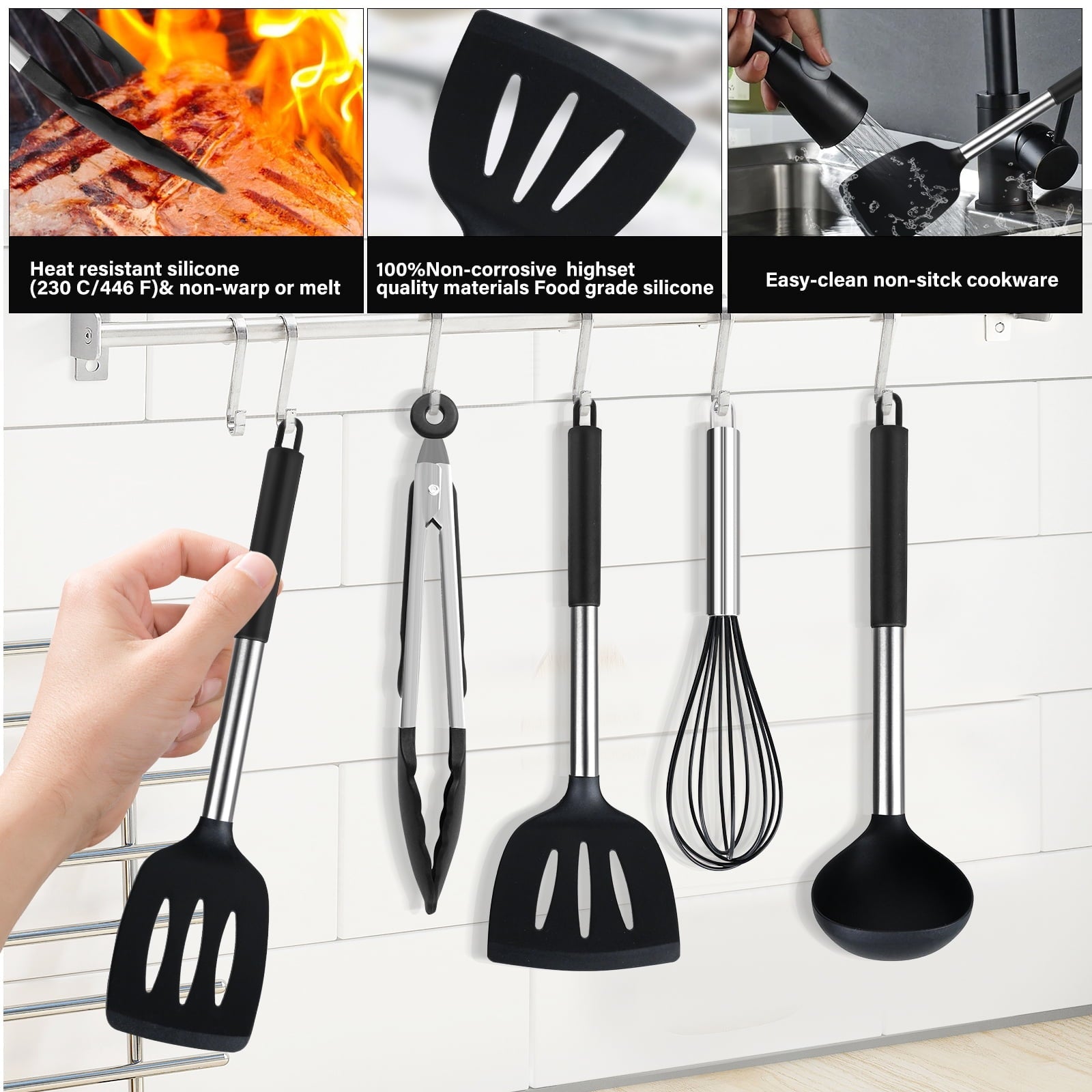 Premium Silicone Silicone Cooking Utensils Set, 26 Pcs, Heat Resistant Kitchen Utensils Set, Black - Premium Stainless Steel Cooking Utensil for Non-Stick Pots Detail