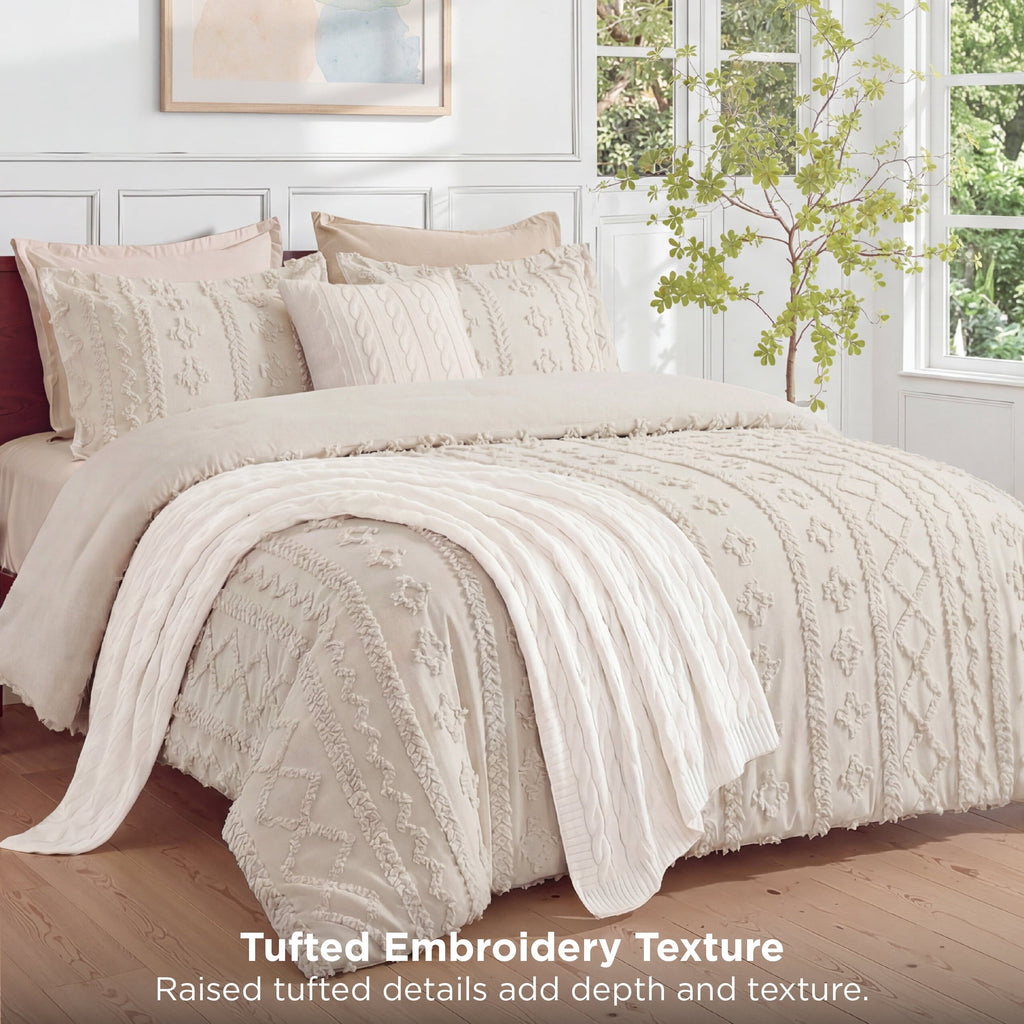 Luxurious Quilted Tufted Boho Comforter Set Queen, Beige, 3 Pieces Farmhouse Shabby Chic Embroidery Bedding Set, Soft Jacquard Comforte... - Luxurious Quilted Duvet Cover Set Detail