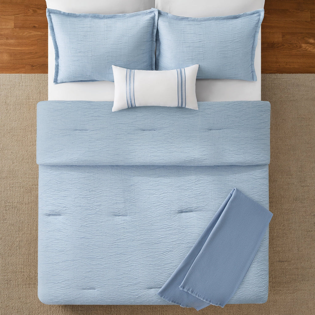 All-Season Full/Queen Comforter Set, All-Season, 5-Piece, Blue Matelasse Tonal Stripe - Luxurious Quilted Duvet Cover Set Detail