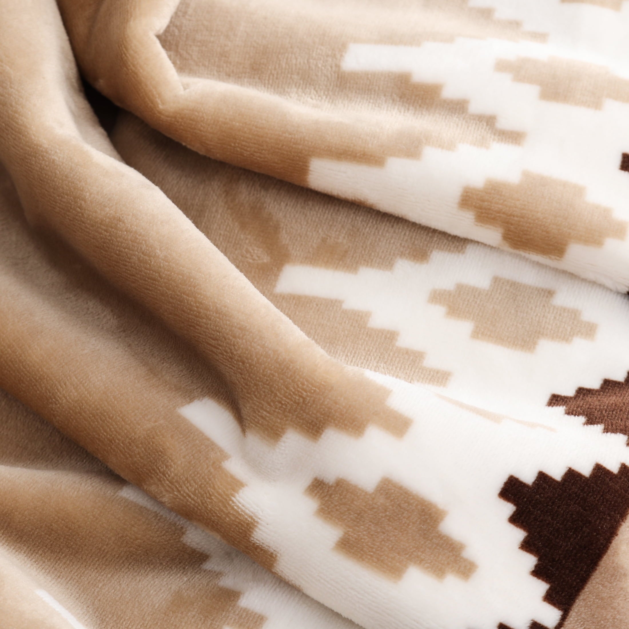 Decorative Knitted Printed Velvet Plush Reverse to Faux Fur Super Soft Throw Blanket, Oversized, Linder Border Beige - Luxury Knitted Decorative Throw Blanket with Fringes Detail