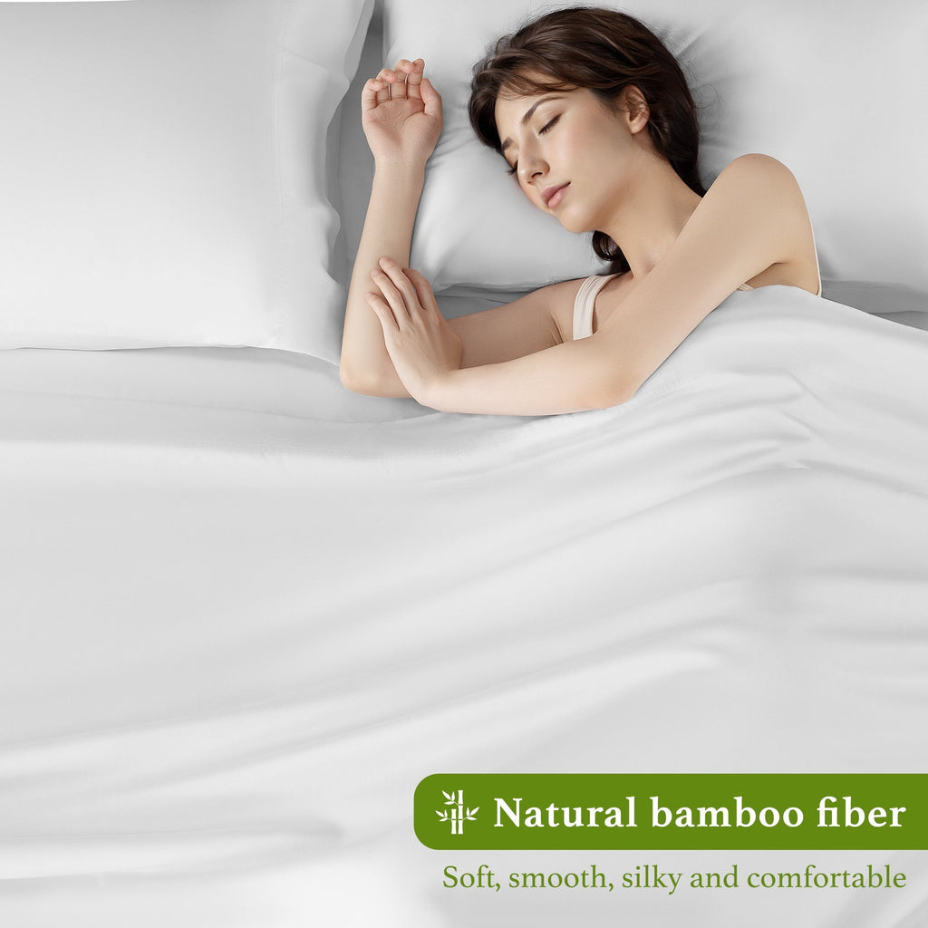 Breathable Luxury Bamboo Sheets Set, 4-Piece Queen Sheet Set with 16" Deep Pockets, Soft and Breathable Bed Sheets, White - Premium Ultra-Soft Pillowcase Pair for Sleeping Detail