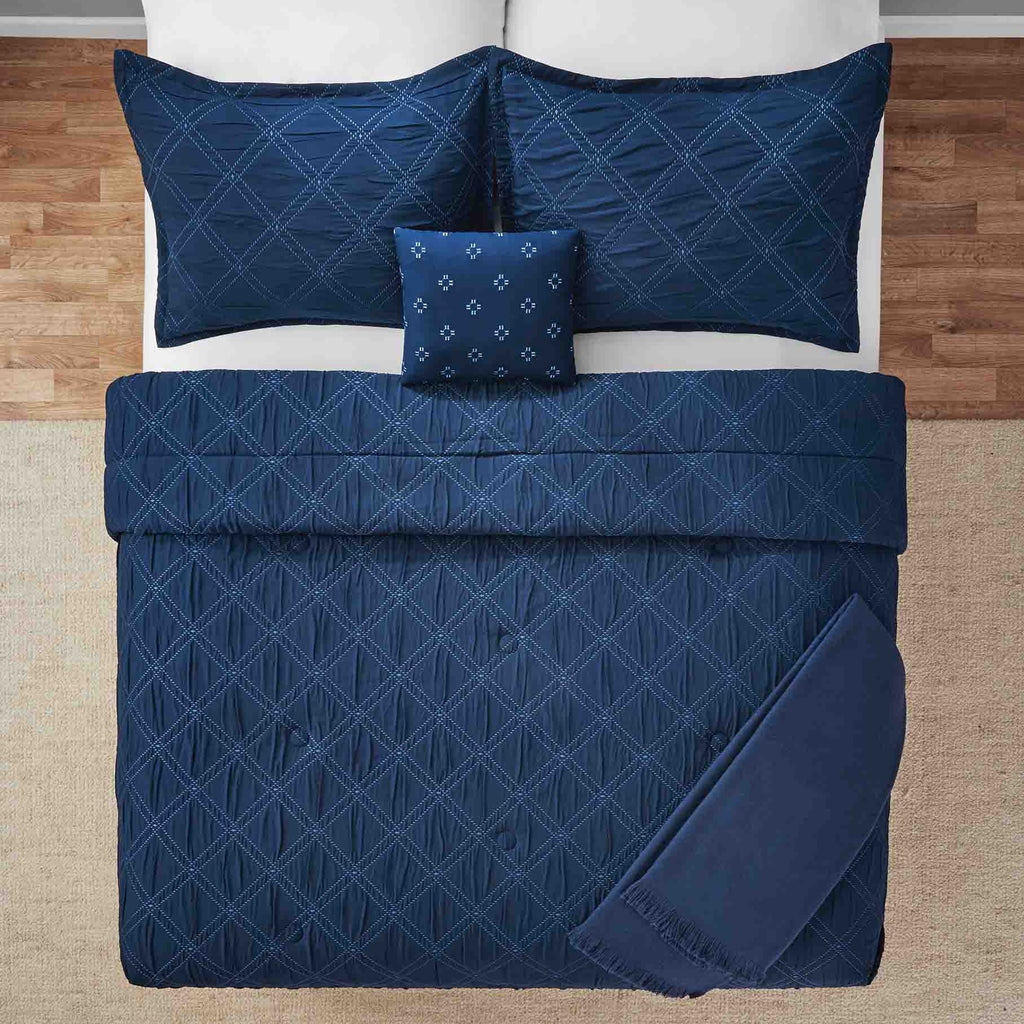 Heavyweight Warmth 5-Piece Reversible Comforter Set Navy Cross Stitch Bedding with Decor Pillow and Throw, Full/Queen - Luxurious Quilted Duvet Cover Set Detail