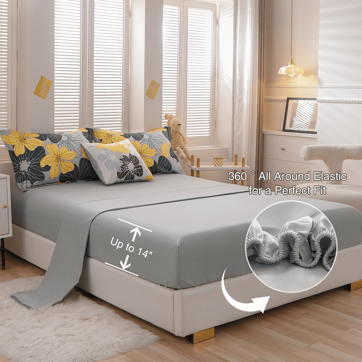 Heavyweight Warmth Yellow Floral Comforter Set Queen Flower Bed Set Adult Soft Botanical Boho Bedding Set - Luxurious Quilted Duvet Cover Set Detail