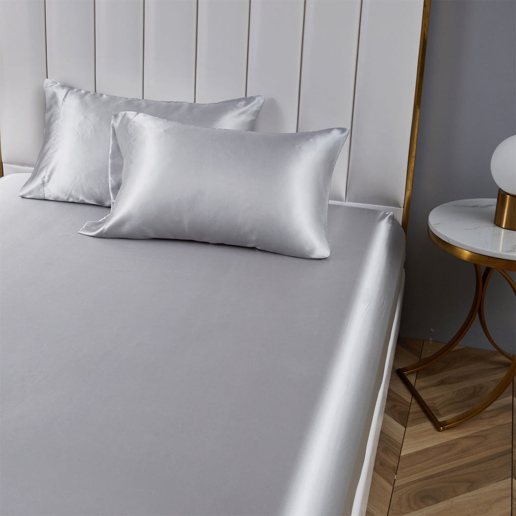 Premium Egyptian Cotton Satin Fitted Sheet King Size 14 Inch Deep Pocket Bed Sheet Silk Sheet Ultra Soft Machine Washable, Light Gray - Premium Ultra-Soft Pillowcase Pair for Sleeping Detail