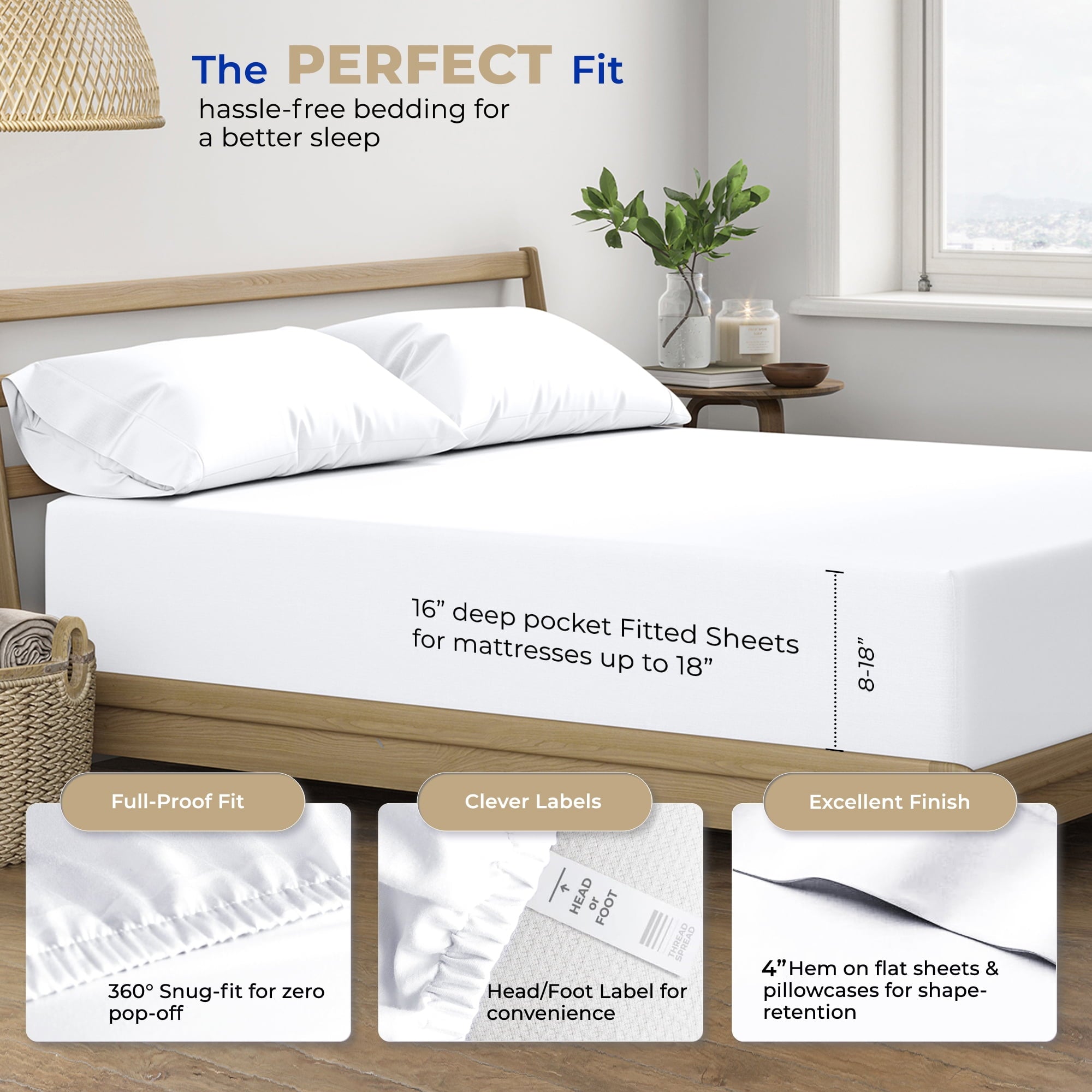 Breathable Luxury King Size Cotton Sheets Set - 400 Thread Count 4 PC 100% Cotton Sheets for King Bed, 16 In Deep Pocket King Size Cott... - Cooling Hotel Quality Bedding Sheets and Pillowcases Detail
