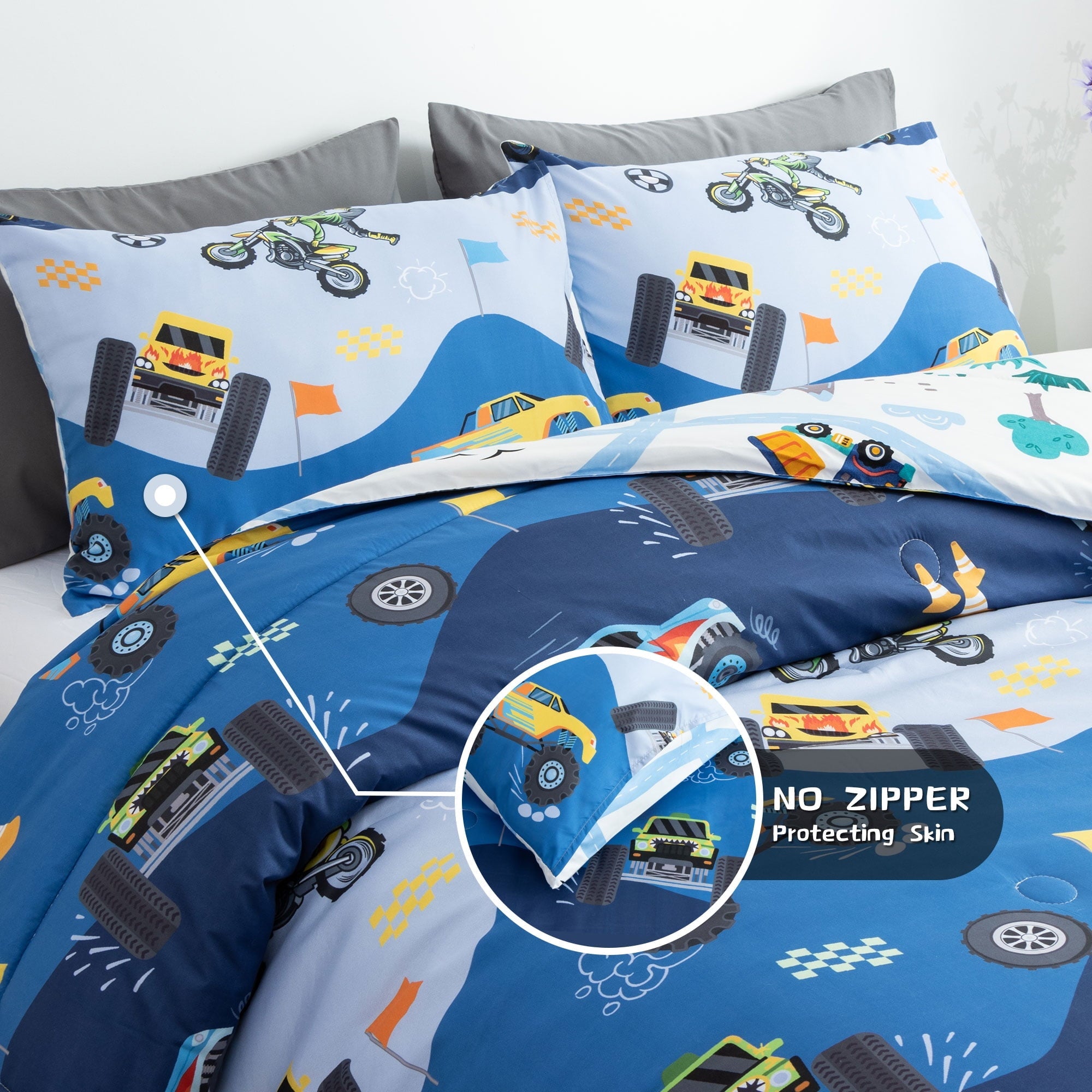 Fluffy Down Alternative 3Pcs Reversible Construction Truck Twin Comforter Set for Boys Kids Excavator Vehicle Motorcycle Bedding Set Blue - Luxurious Quilted Duvet Cover Set Detail