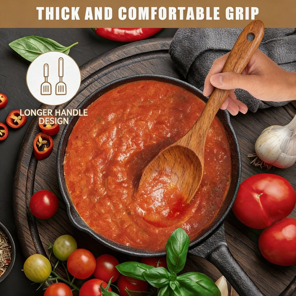 Premium Silicone Wooden Spoons for Cooking, 6 PCS Teak Wood Cooking Utensil Set, Wooden Kitchen Utensils for Nonstick Pans & Cookware,... - Durable Turner & Ladle Utensil Set for Home Chefs Detail