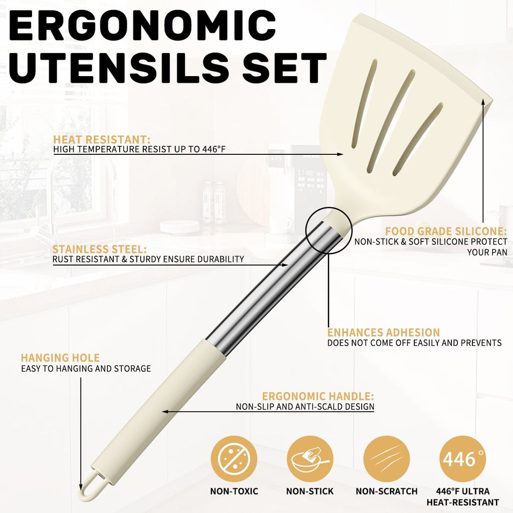 Heat-Resistant Silicone Cooking Utensil Set, 30 Pcs Kitchen Utensils Set with Stainless Steel Handle, Food Grade Silicone Spatula Se... - Durable Turner & Ladle Utensil Set for Home Chefs Detail