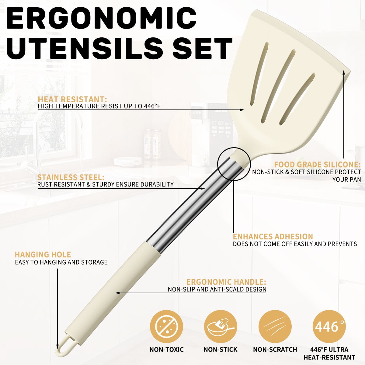 Heat-Resistant Silicone Cooking Utensil Set, 30 Pcs Kitchen Utensils Set with Stainless Steel Handle, Food Grade Silicone Spatula Se... - Durable Turner & Ladle Utensil Set for Home Chefs Detail