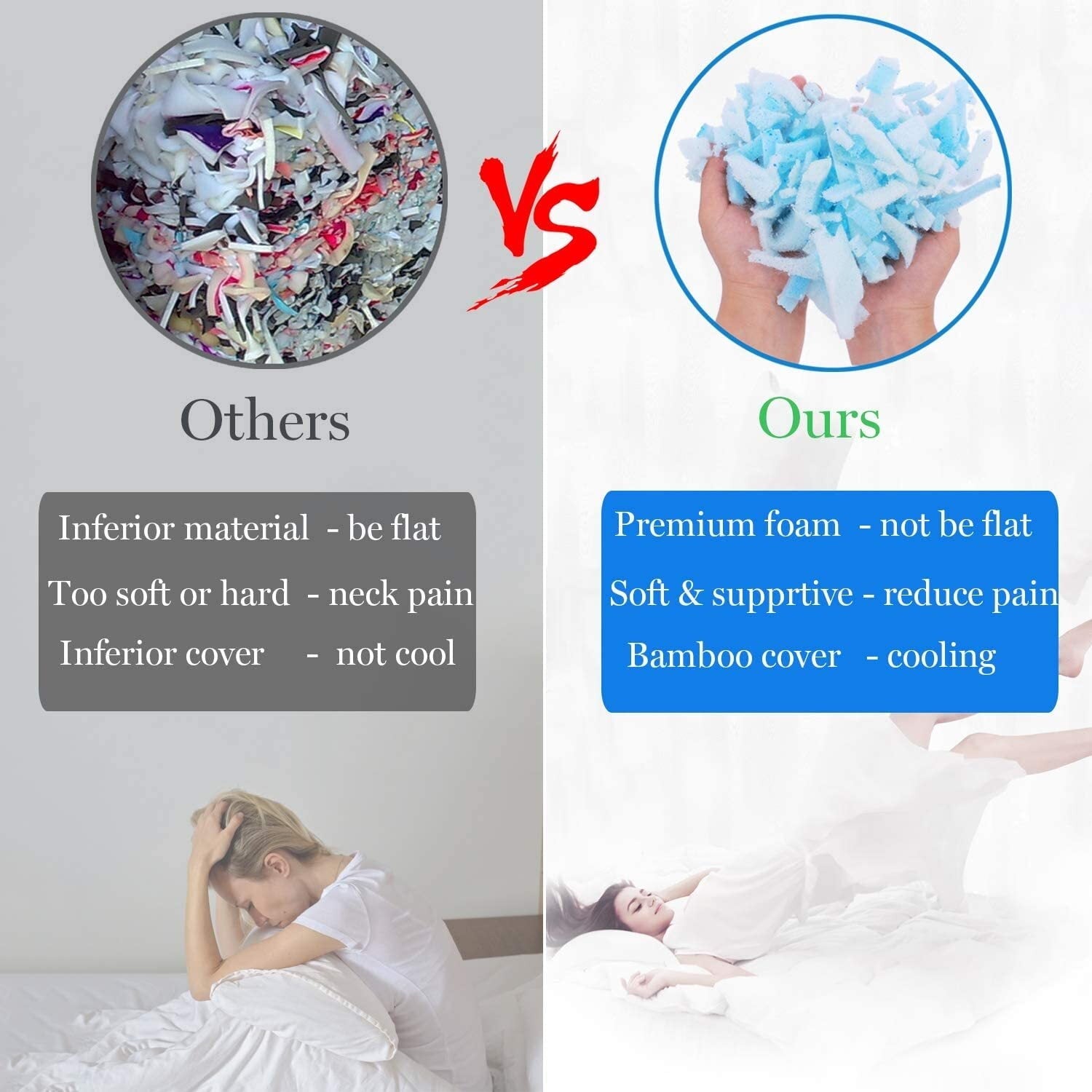 Ergonomic Memory Foam Cooling Bed Pillows Queen Size Set of 2, Shredded Memory Foam Pillows for Sleeping 2 Pack, Adjustable Soft Firm Pillo... - Orthopedic Shredded Foam Bed Pillow Set Detail