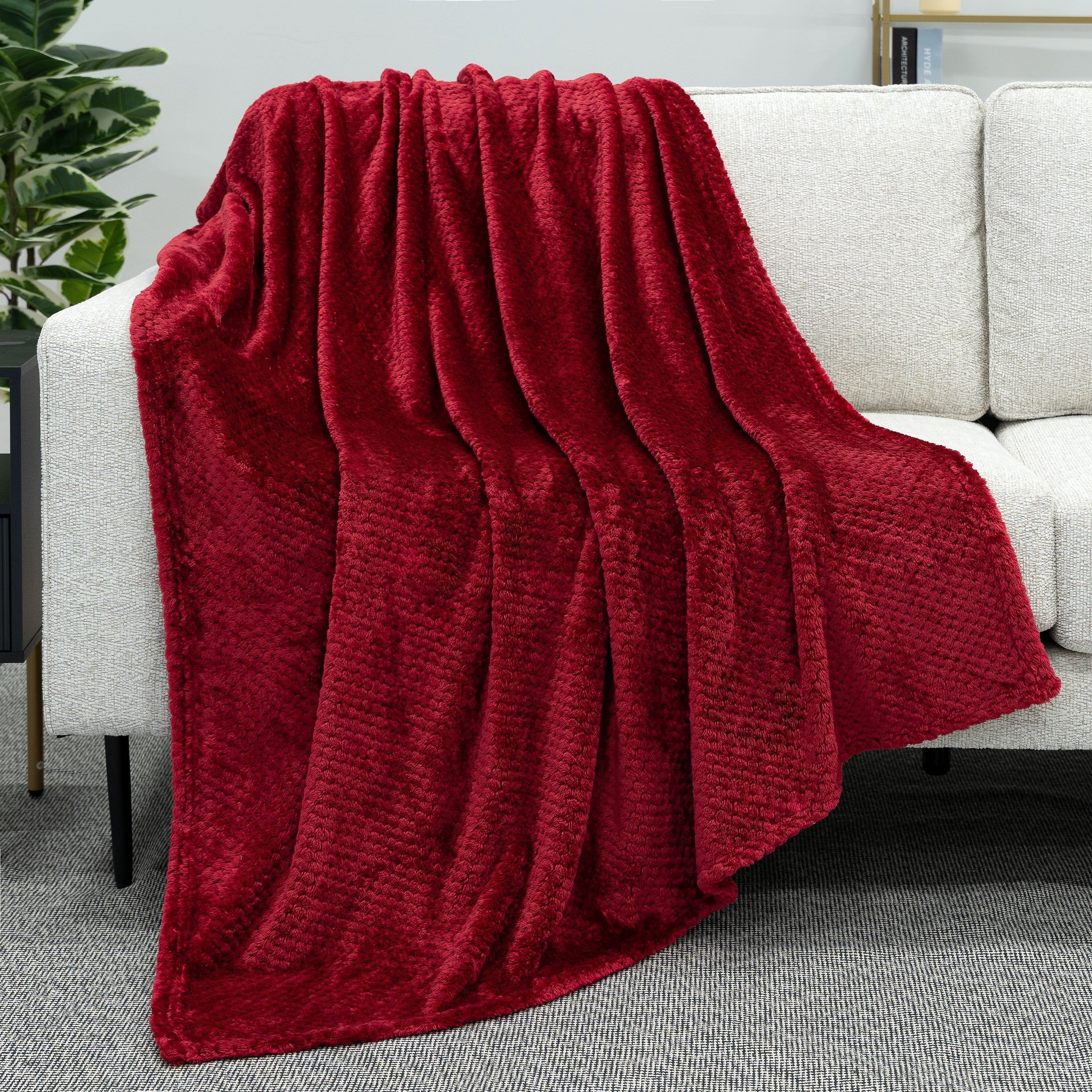 Cozy Fleece Maroon Red Throw Blanket for Couch, Twin Bed, Soft Fleece Throws for Sofa Chair, Fuzzy Waffle Textured Blanket, Cozy ... - Super Soft Reversible Sherpa Flannel Blanket Detail
