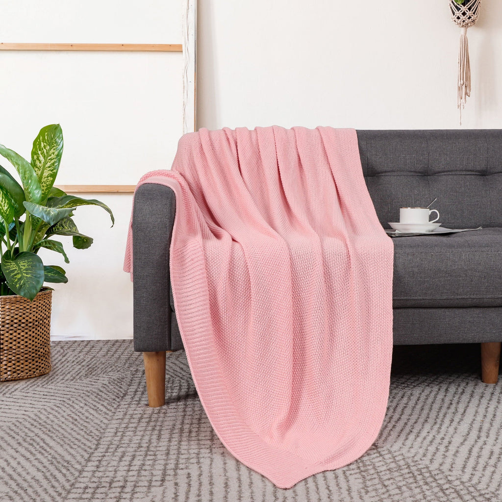 Lightweight Warm Pure Cotton Soft Cable Knit Throw Blanket Pink 50" x 70" - Super Soft Reversible Sherpa Flannel Blanket Detail