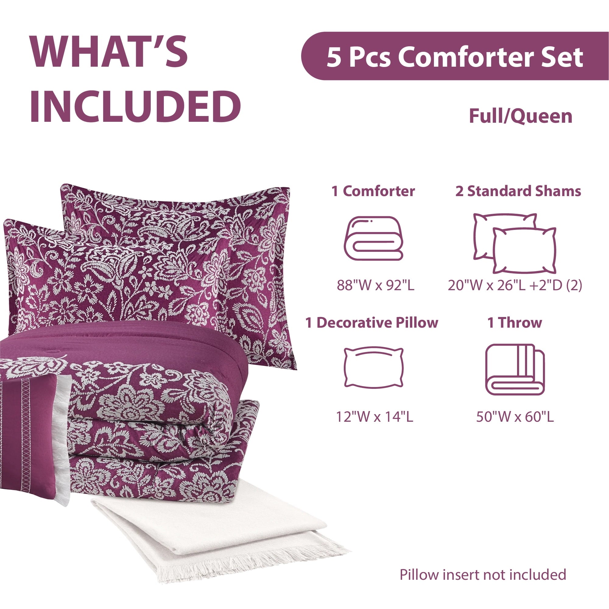 All-Season 5-Piece Jacquard Comforter Set with Decor Pillow and Throw Purple Flocking Embroidery Bedding Set, Full/Queen - Hypoallergenic Ultra-Fluffy Quilt for Winter Detail