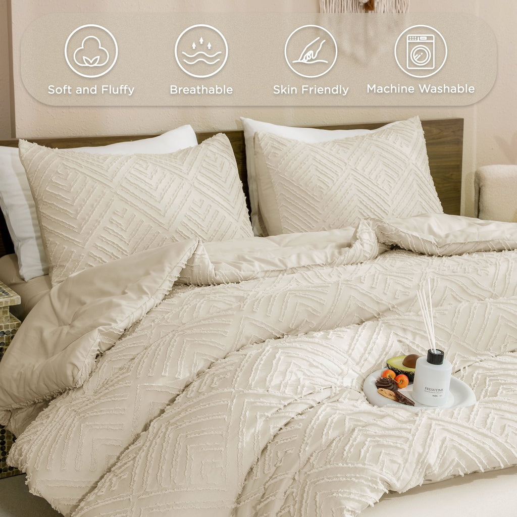 Heavyweight Warmth King Size Comforter Sets Beige - 3 Pieces Cream Boho Bedding Comforter Set for King Bed - Soft Fluffy Tufted Textured... - All-Season Down Alternative Comforter Insert Detail