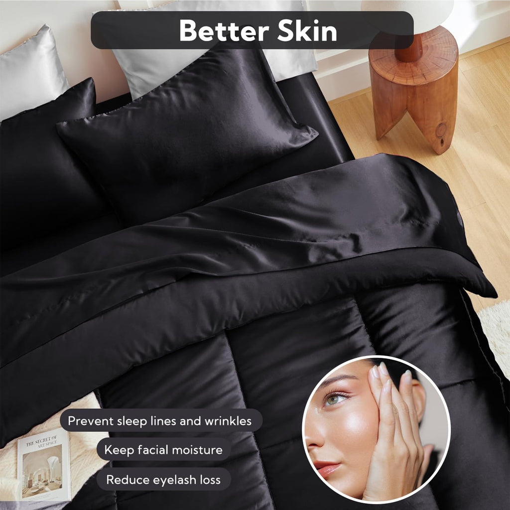 Fluffy Down Alternative Reversible Satin Microfiber Comforter 3 Pieces Queen Size, Black Queen Comforter Set for All Seasons, Silky Soft Sati... - Hypoallergenic Ultra-Fluffy Quilt for Winter Detail