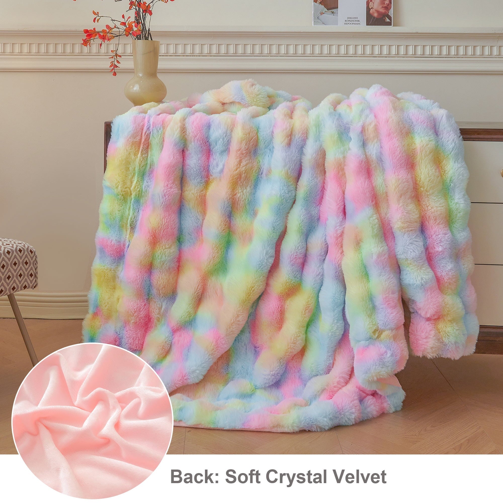 Lightweight Warm Fluffy Faux Rabbit Fur Bubble Throw, Rainbow Plush Shaggy Blanket for Couch Sofa Chair, Soft Tie Dye Furry Blanket Ad... - Cozy Fleece Throw Blanket for Couch & Bed Detail