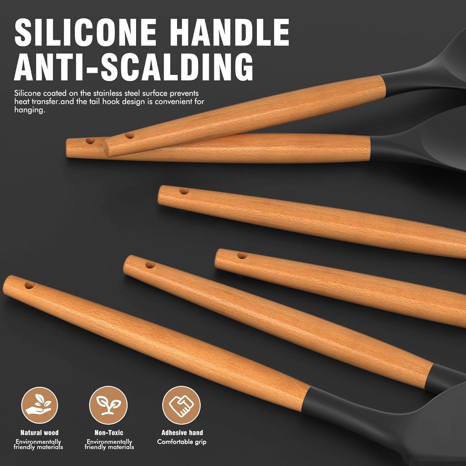 Chef-Quality Silicone Cooking Utensils Set - Silicone Kitchen Utensils for Cooking Wooden Handles, 446°F Heat Resistant Kitchen Ut... - Multi-Purpose Hand Tool for Daily Meal Prep Detail